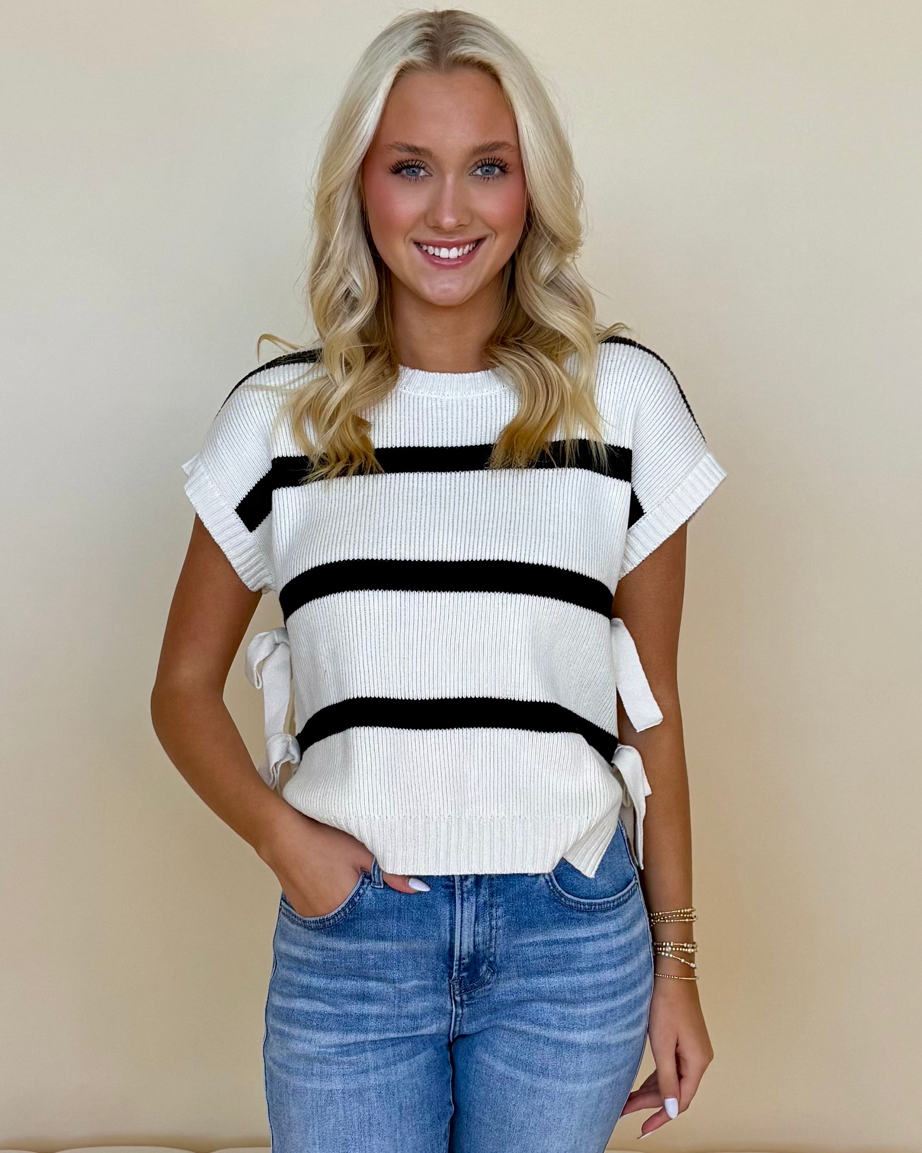 Pure Essence Cream Stripe Tie Sweater-Shop-Womens-Boutique-Clothing