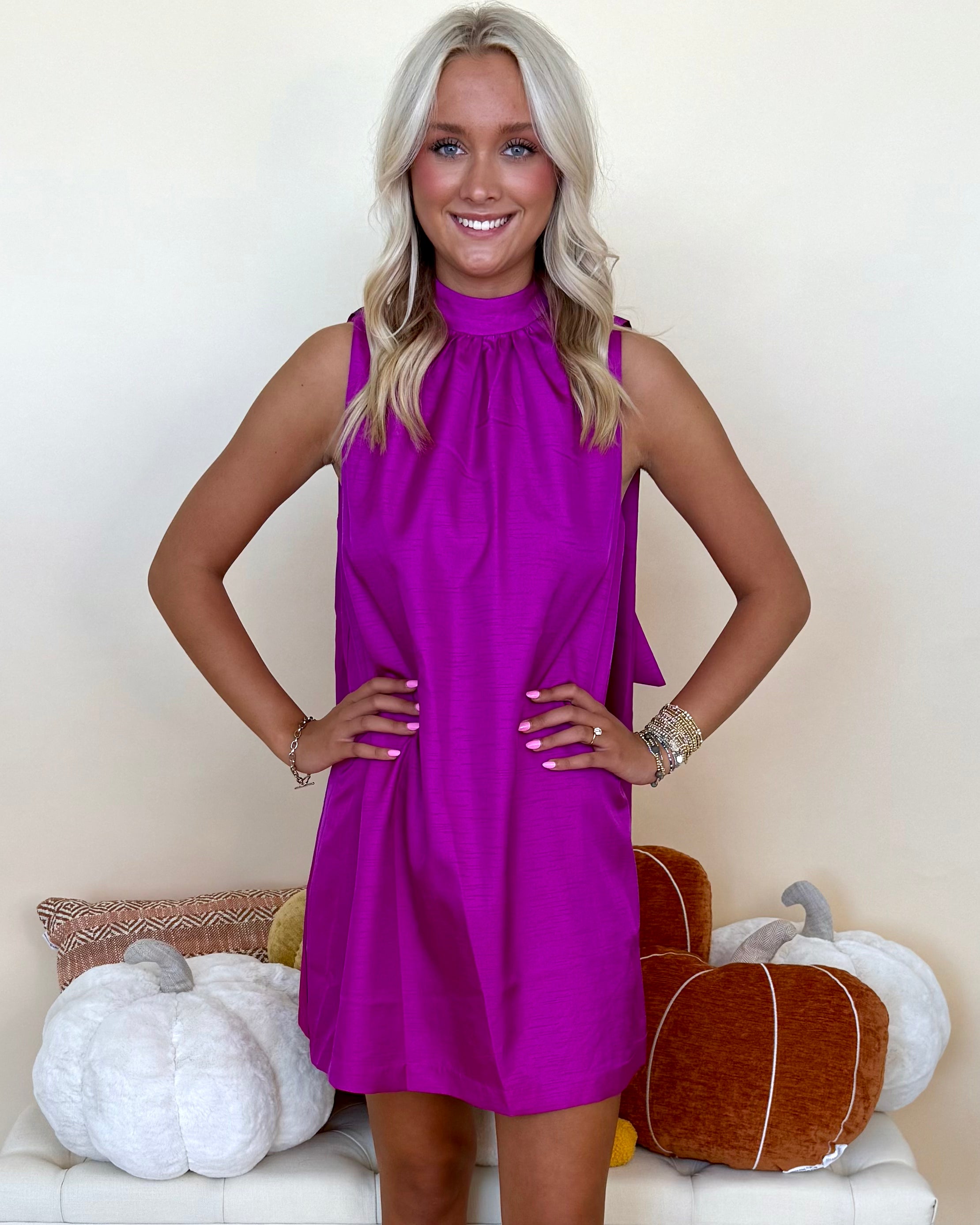 Day Party Magenta Halter Satin Dress-Shop-Womens-Boutique-Clothing