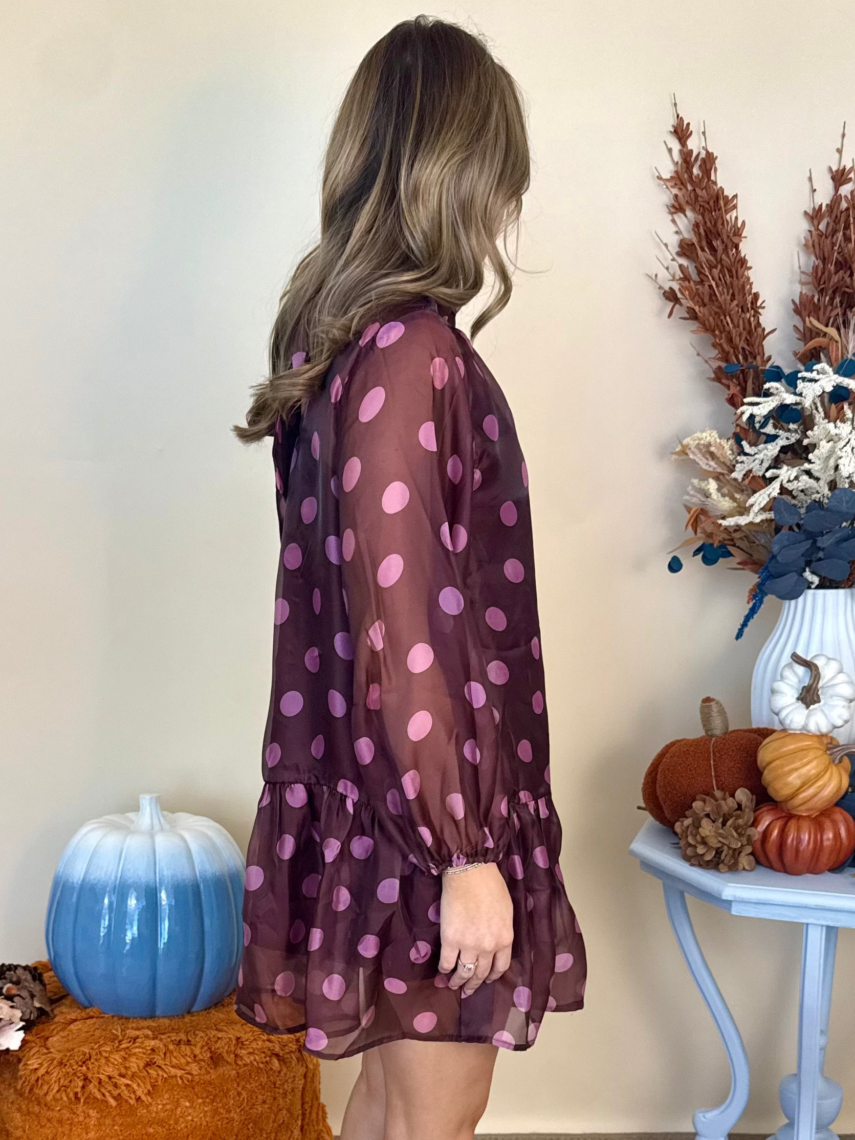 Like Clockwork Chocolate Polka Dot Long Sleeve Overlay Dress-Shop-Womens-Boutique-Clothing