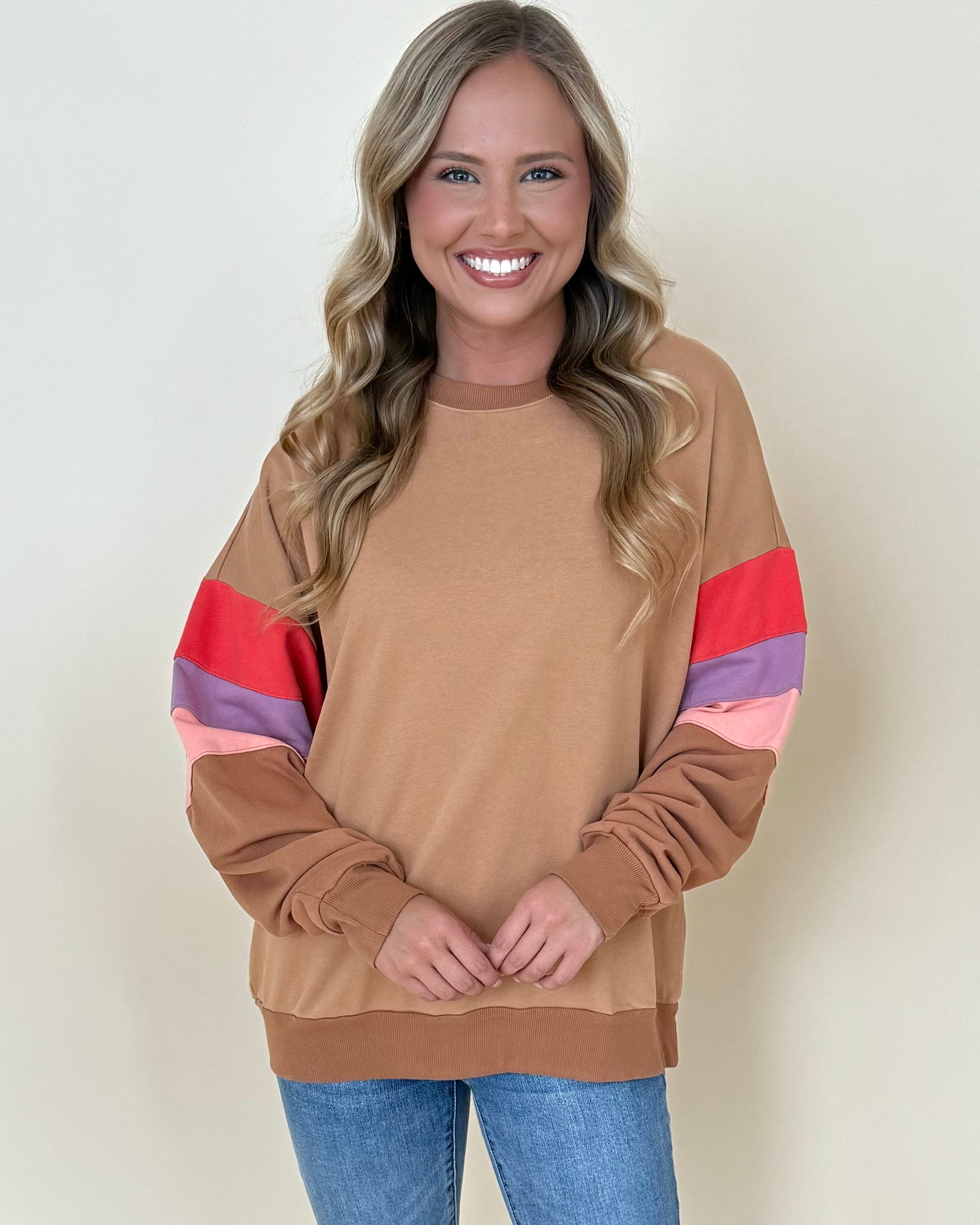 Just Because Camel Colorblock Sweatshirt-Shop-Womens-Boutique-Clothing