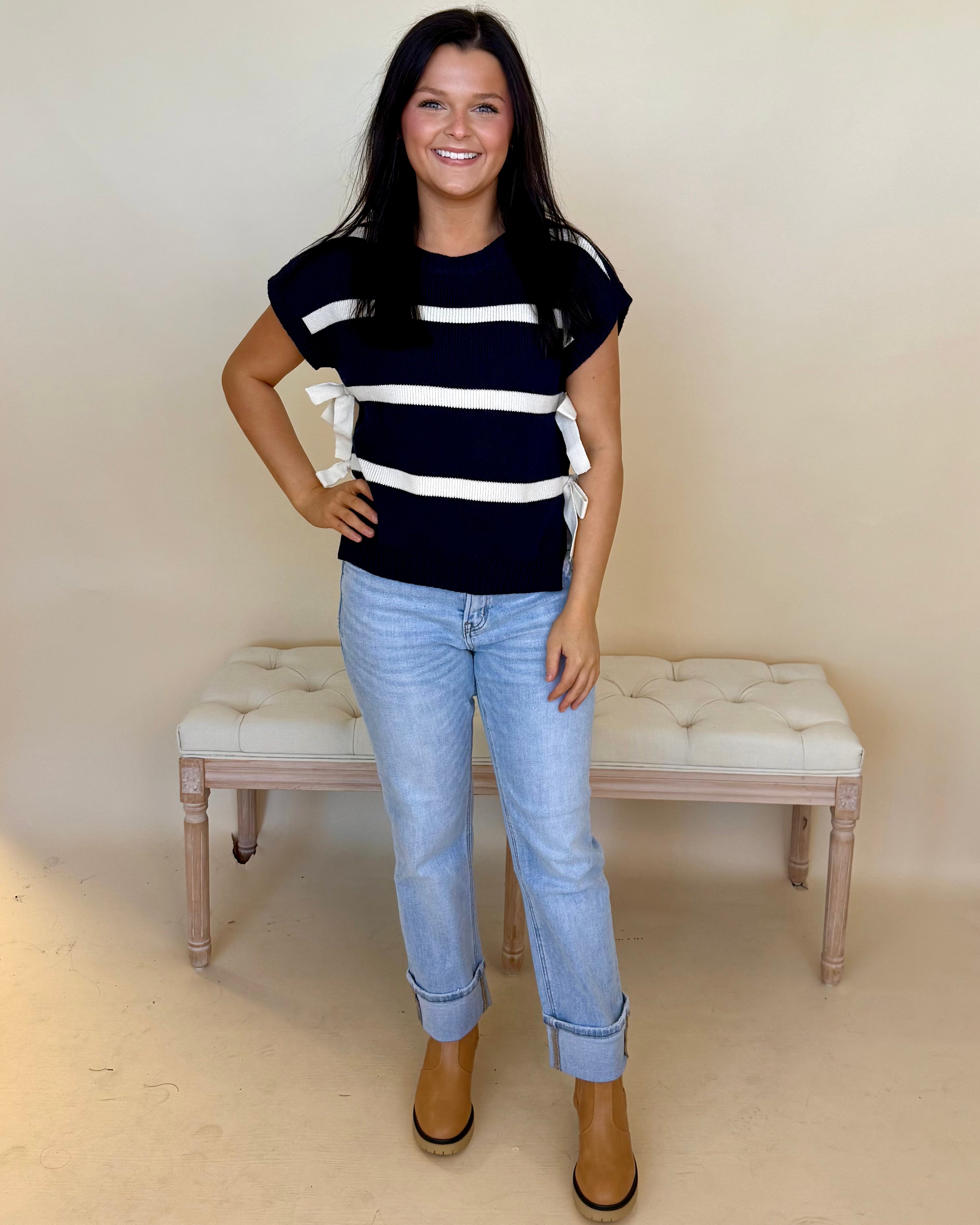 Pure Essence Navy Stripe Tie Sweater-Shop-Womens-Boutique-Clothing