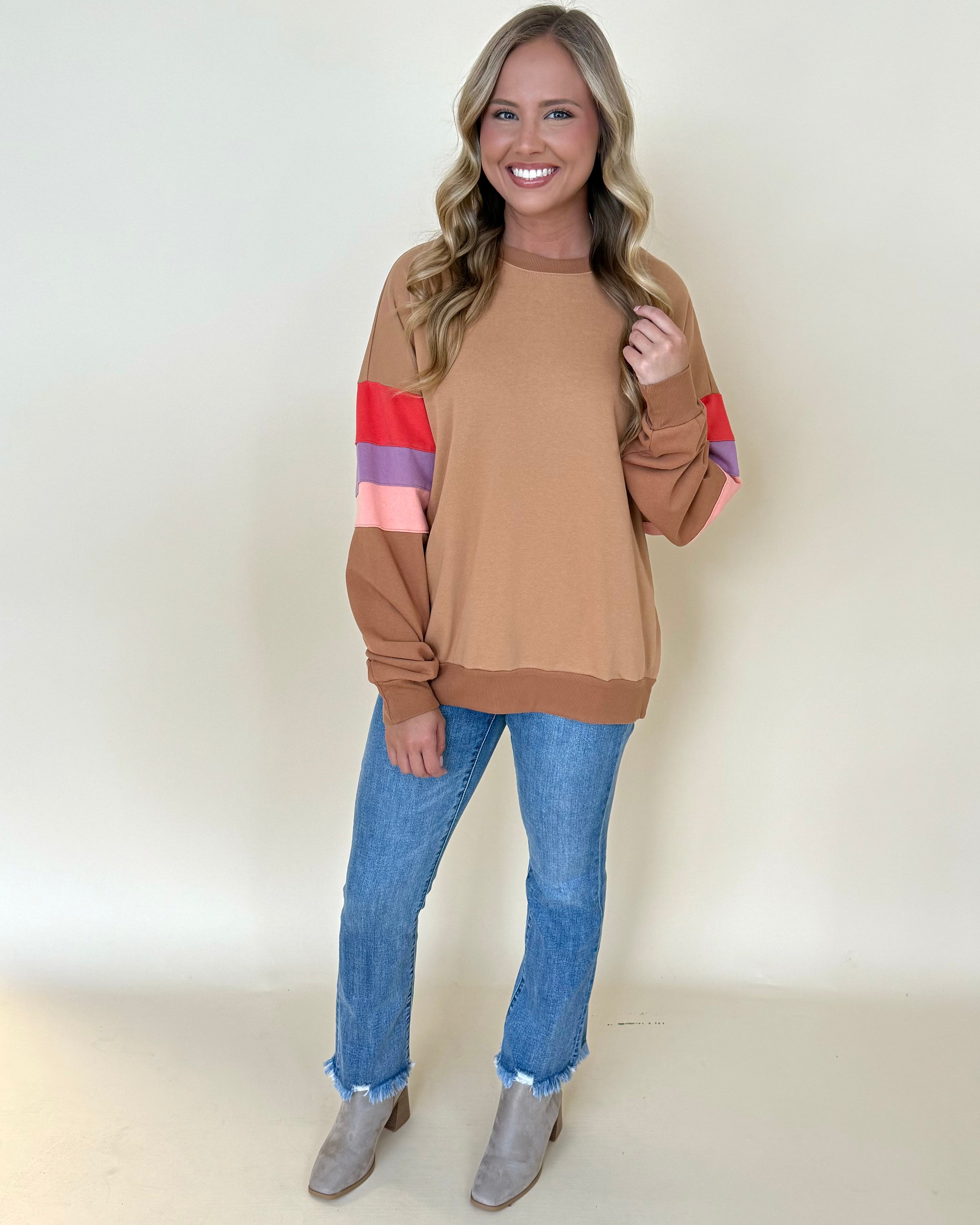 Just Because Camel Colorblock Sweatshirt-Shop-Womens-Boutique-Clothing