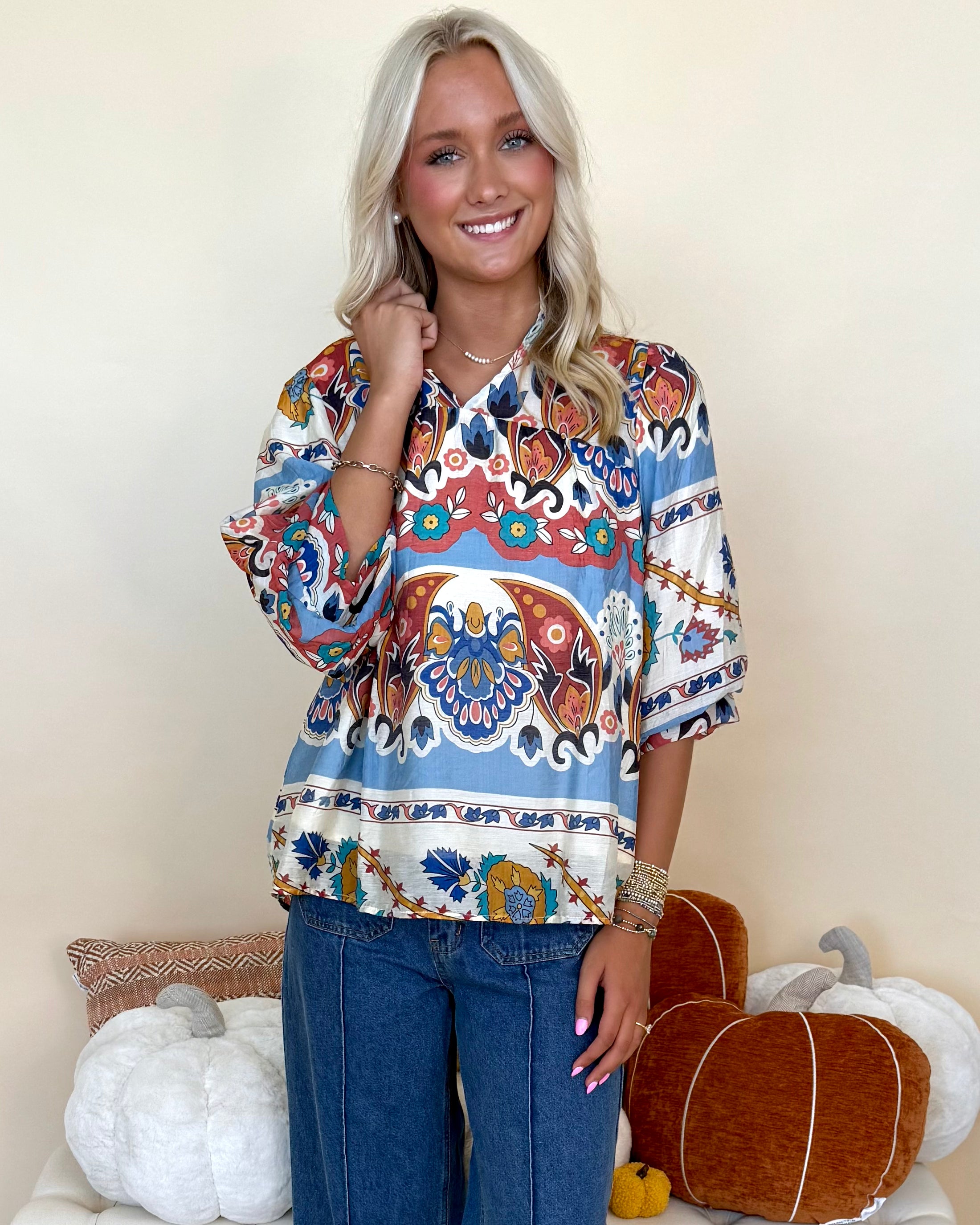 Forever Young Blue Mix Print Split Neck Top-Shop-Womens-Boutique-Clothing