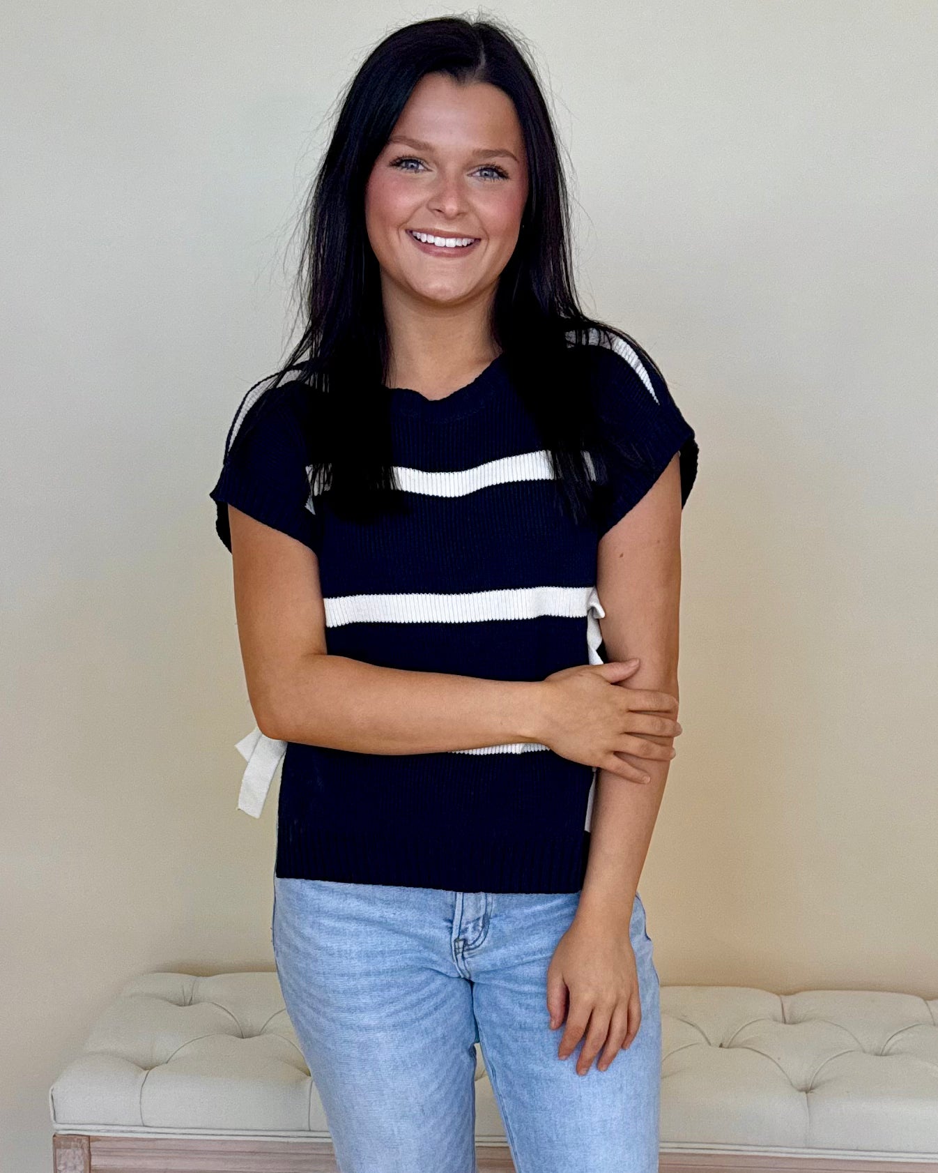 Pure Essence Navy Stripe Tie Sweater-Shop-Womens-Boutique-Clothing