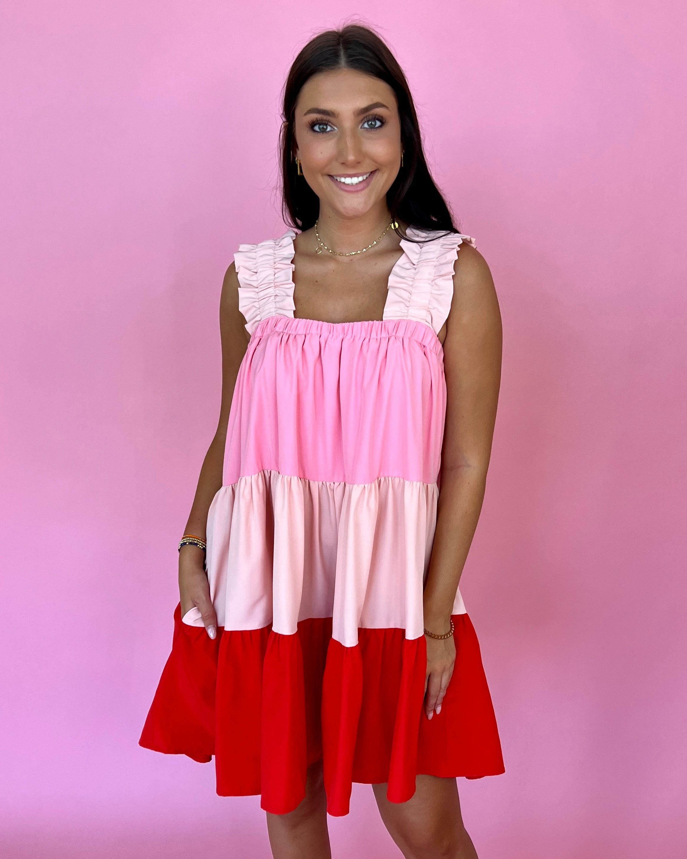 From The Beginning Red Combo Ruffle Color Block Tiered Dress-Shop-Womens-Boutique-Clothing