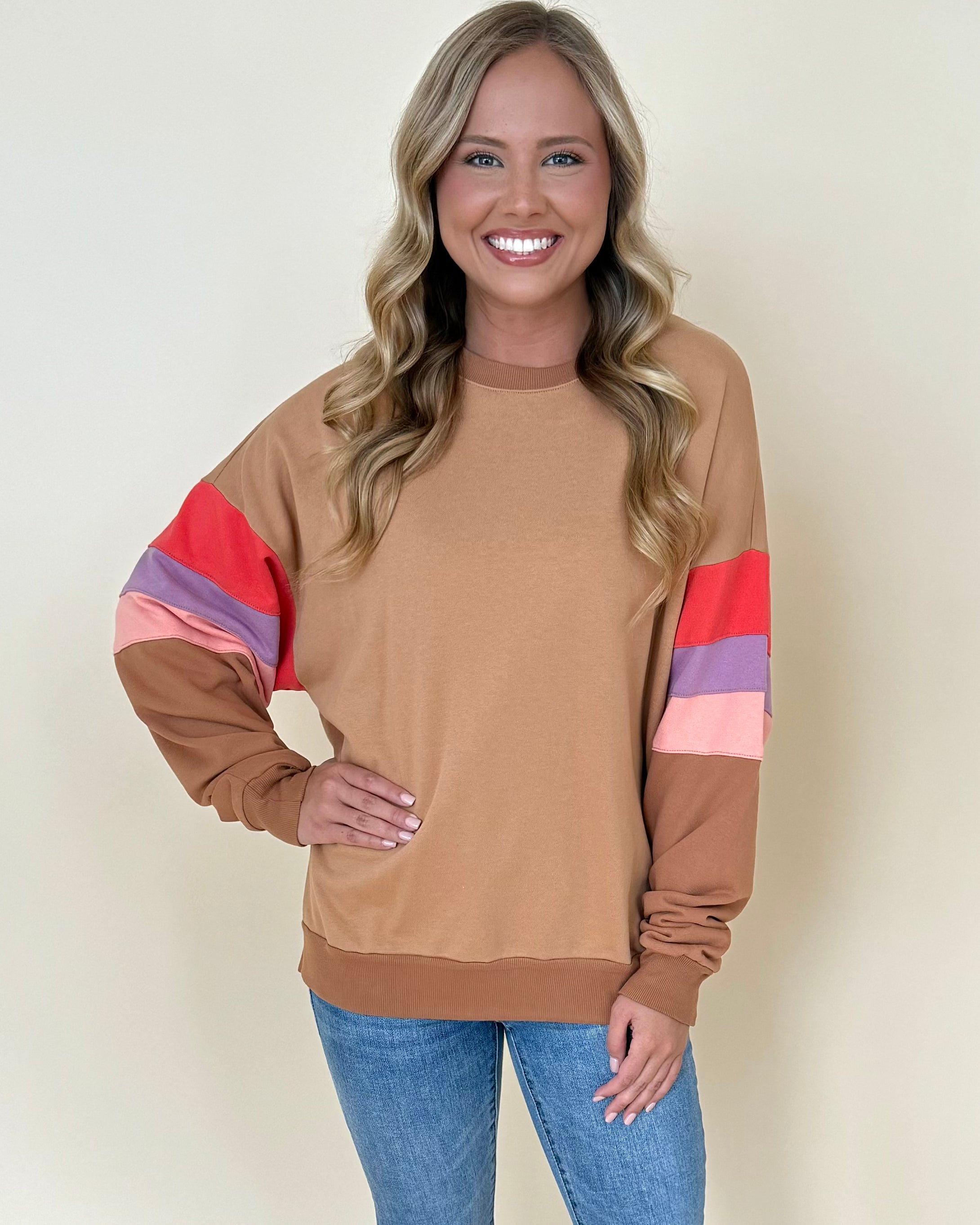 Just Because Camel Colorblock Sweatshirt-Shop-Womens-Boutique-Clothing