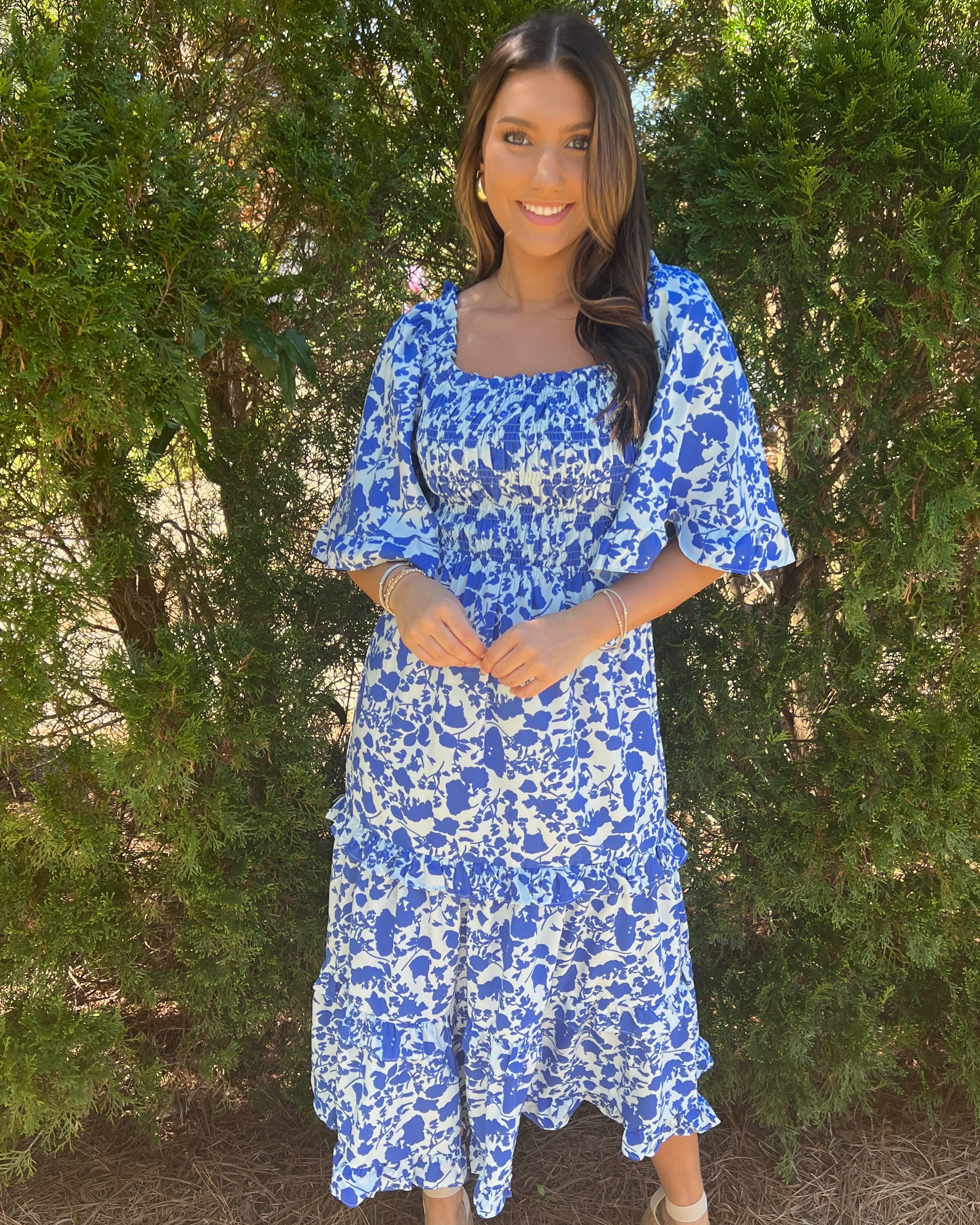 Springtime Blue Smocked Midi Dress-Shop-Womens-Boutique-Clothing