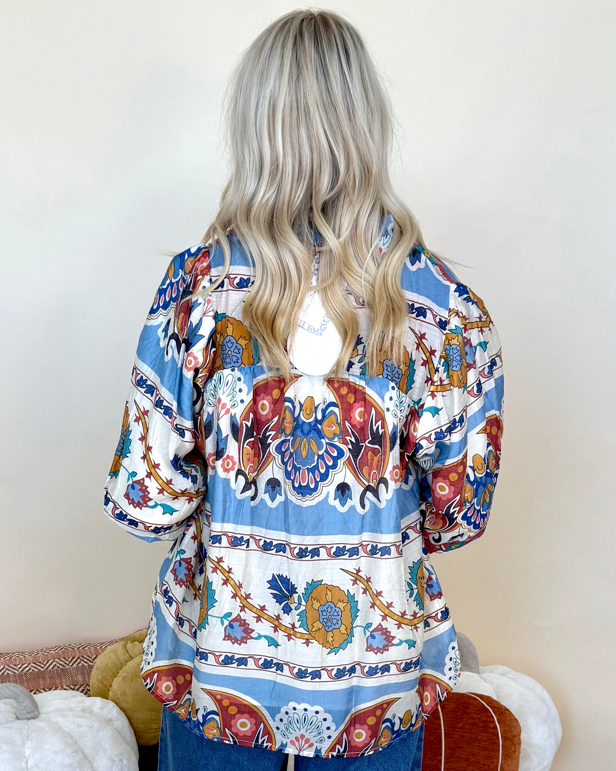 Forever Young Blue Mix Print Split Neck Top-Shop-Womens-Boutique-Clothing