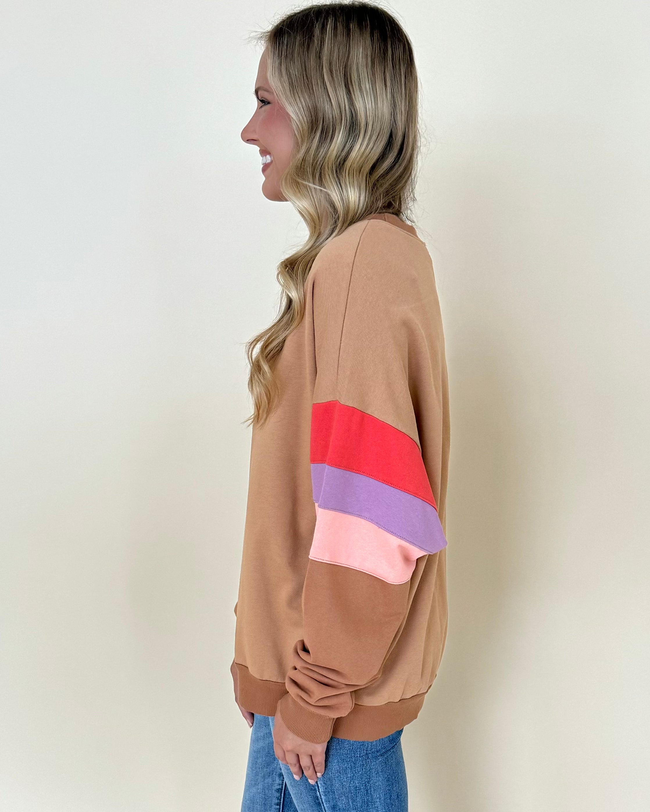 Just Because Camel Colorblock Sweatshirt-Shop-Womens-Boutique-Clothing