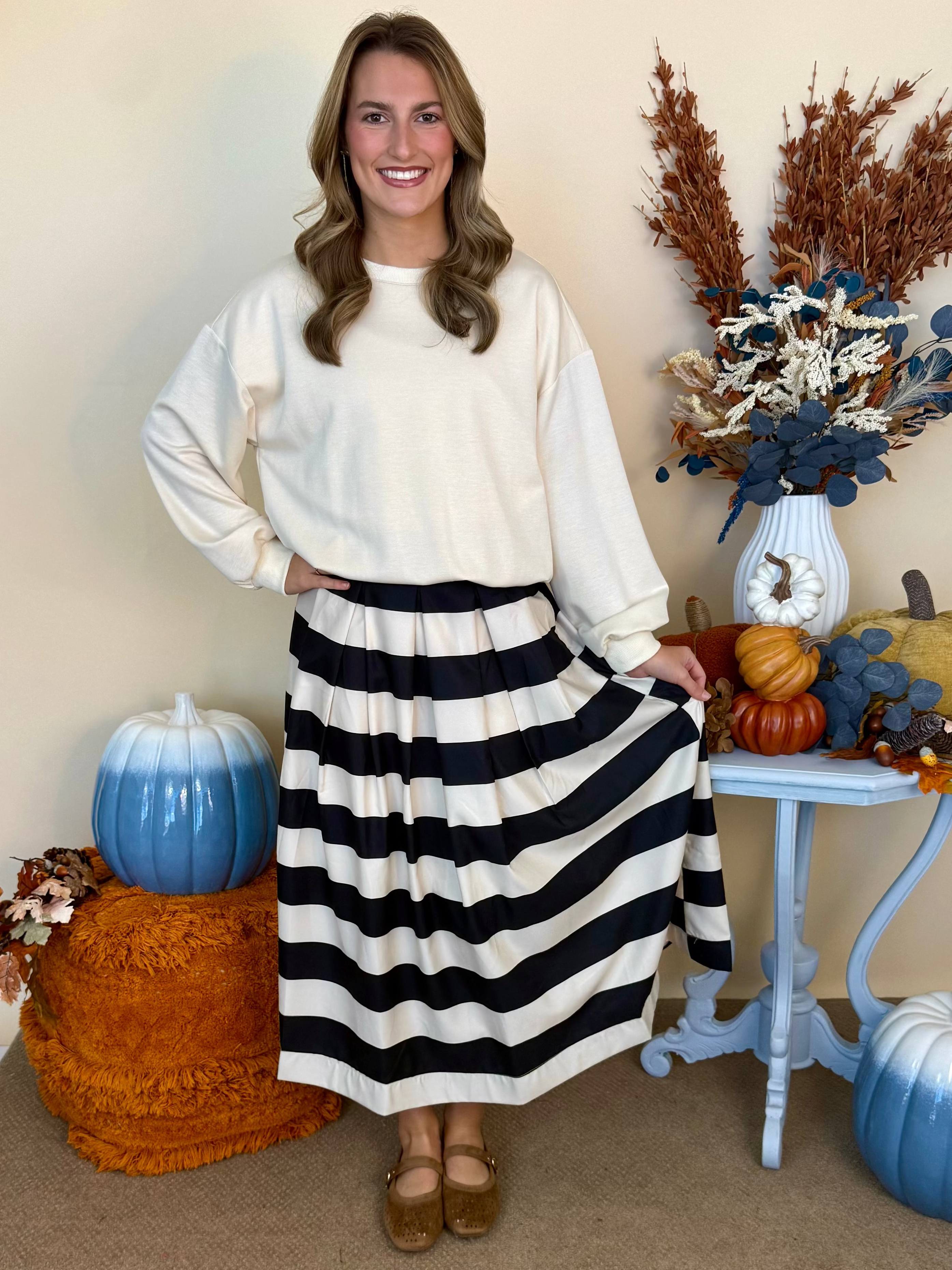 Countryside Letters Black Striped Pleated Midi Skirt-Shop-Womens-Boutique-Clothing
