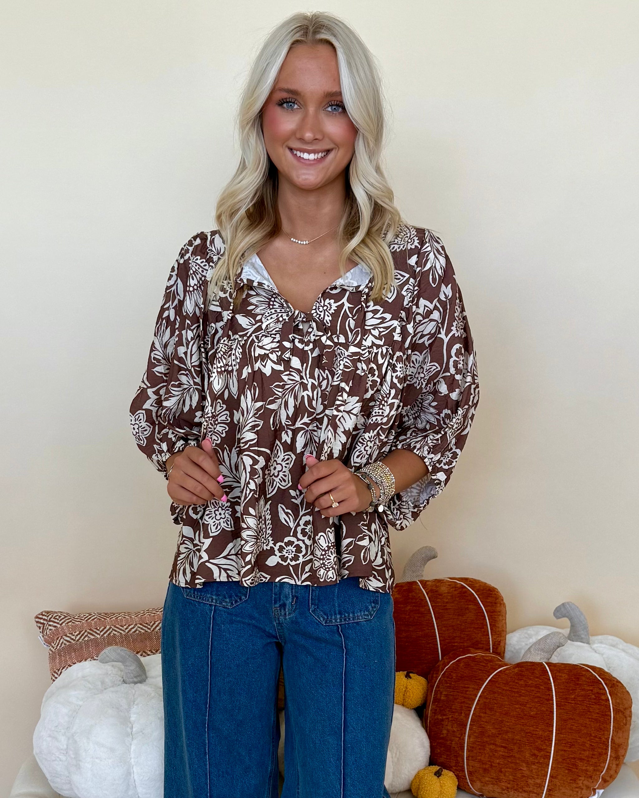 Just Imagine Mocha Print Neck Tie Top-Shop-Womens-Boutique-Clothing