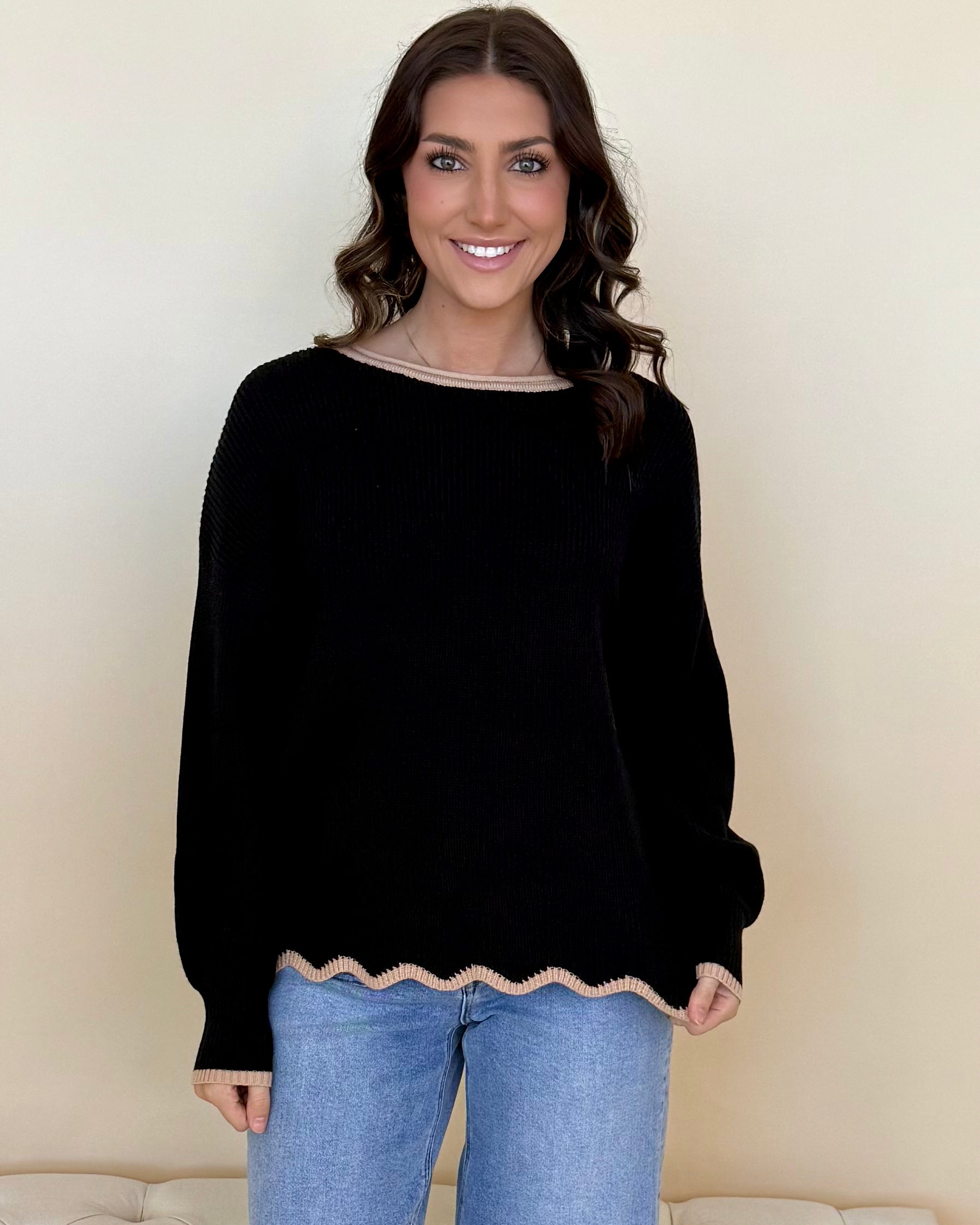 Loving View Black Contrast Scallop Sweater-Shop-Womens-Boutique-Clothing