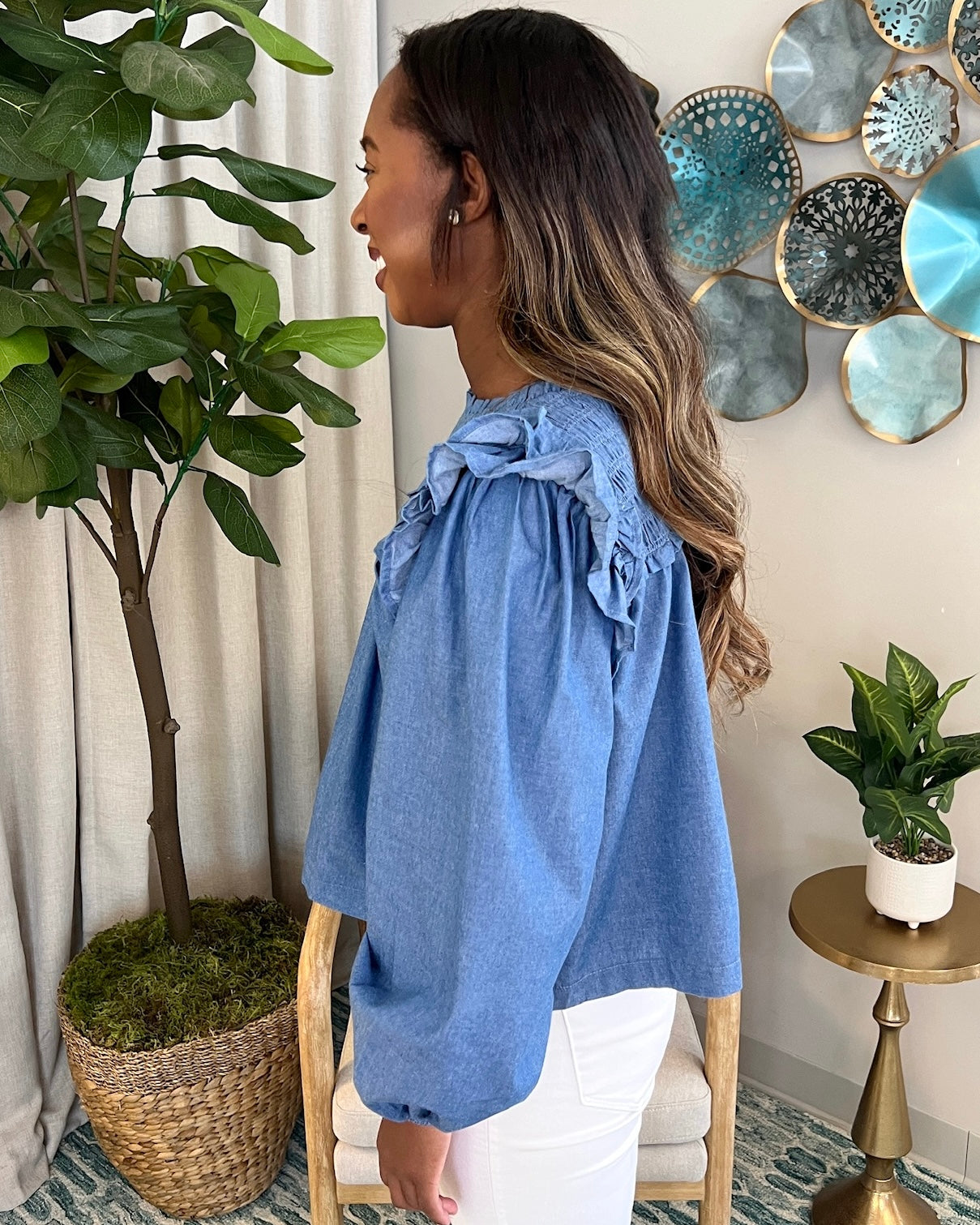 Your Purpose Blue Denim Smocked Top-Shop-Womens-Boutique-Clothing