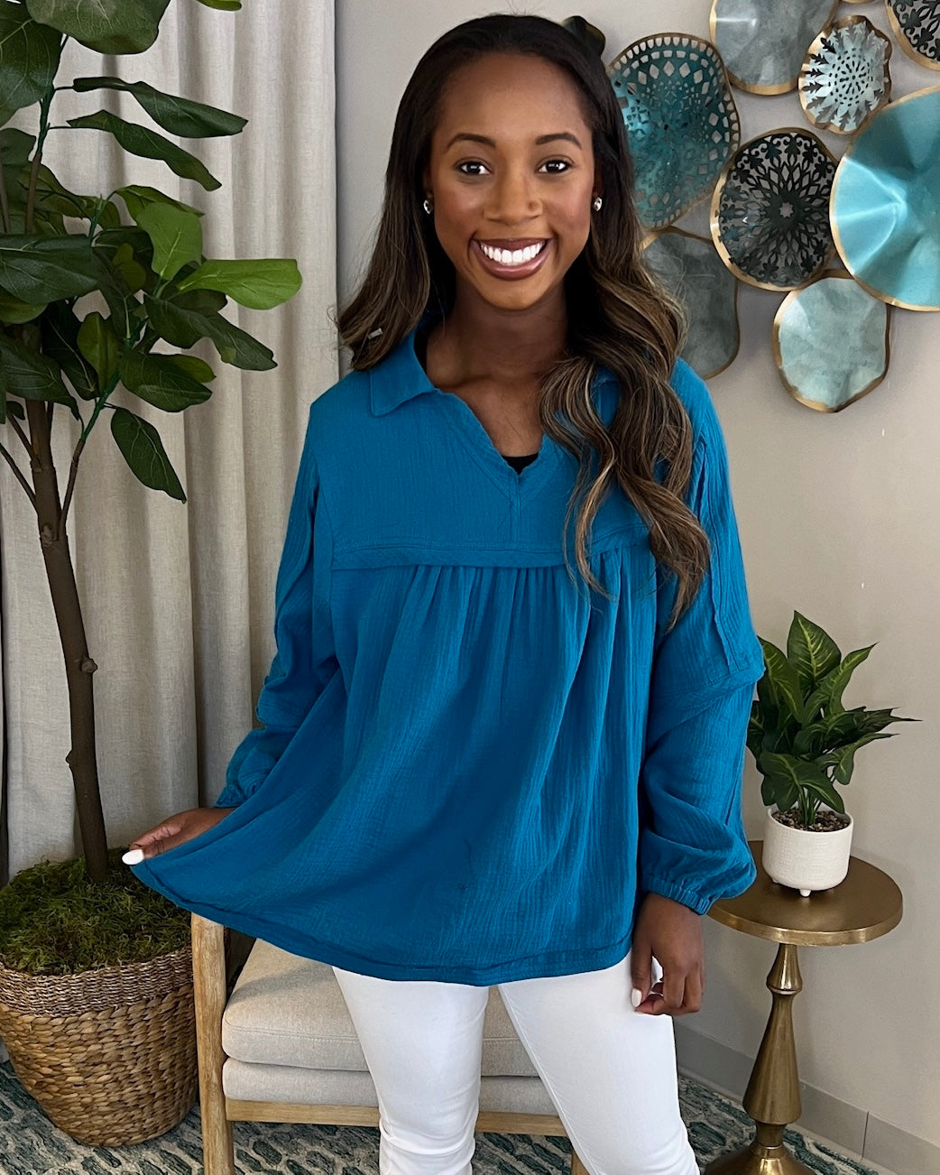 Heard It Teal Blue Crinkle Gauze Top-Shop-Womens-Boutique-Clothing