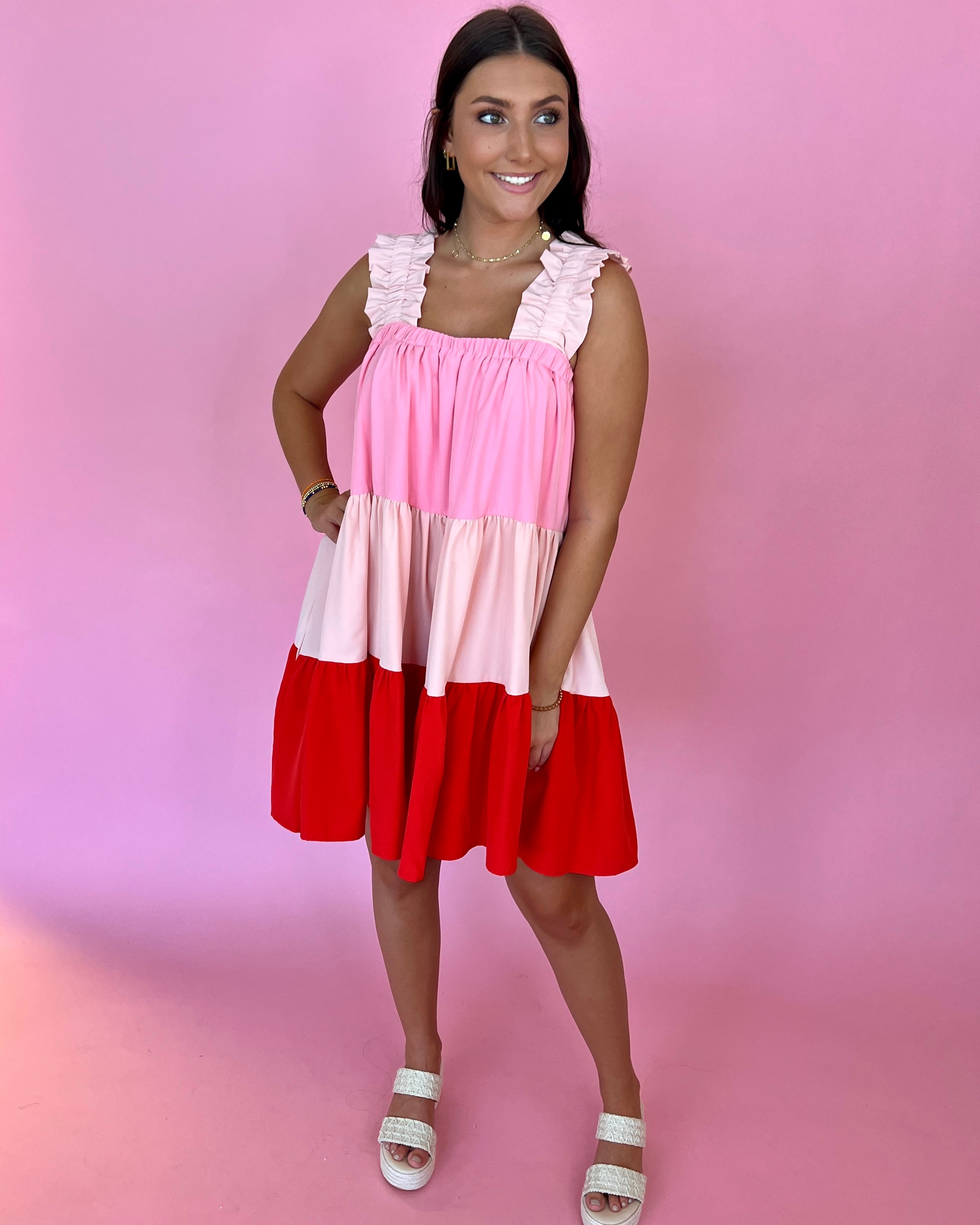 From The Beginning Red Combo Ruffle Color Block Tiered Dress-Shop-Womens-Boutique-Clothing