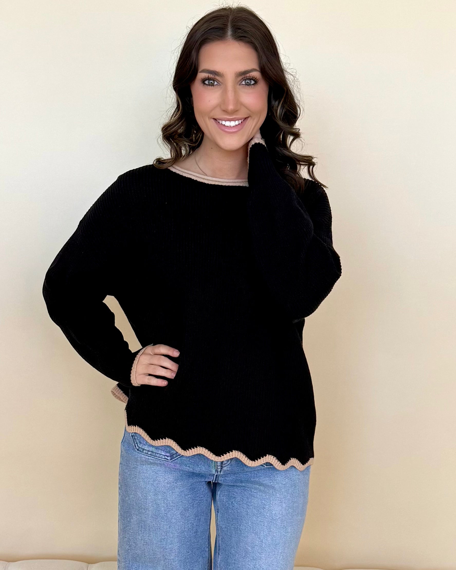 Loving View Black Contrast Scallop Sweater-Shop-Womens-Boutique-Clothing