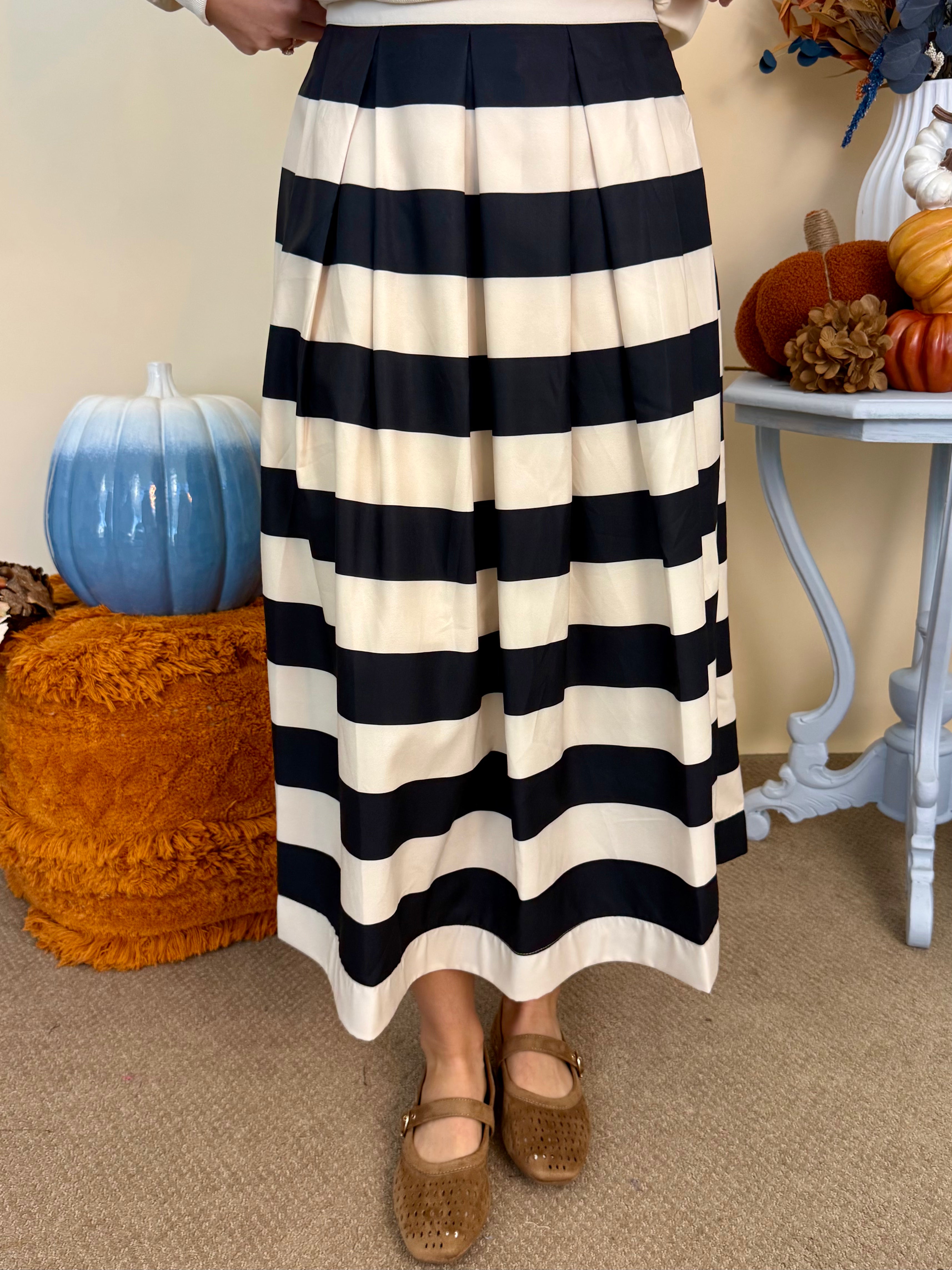 Countryside Letters Black Striped Pleated Midi Skirt-Shop-Womens-Boutique-Clothing
