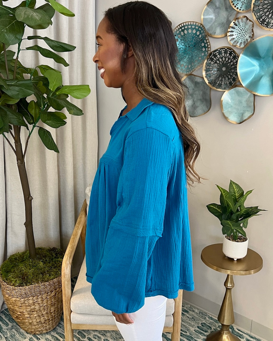 Heard It Teal Blue Crinkle Gauze Top-Shop-Womens-Boutique-Clothing