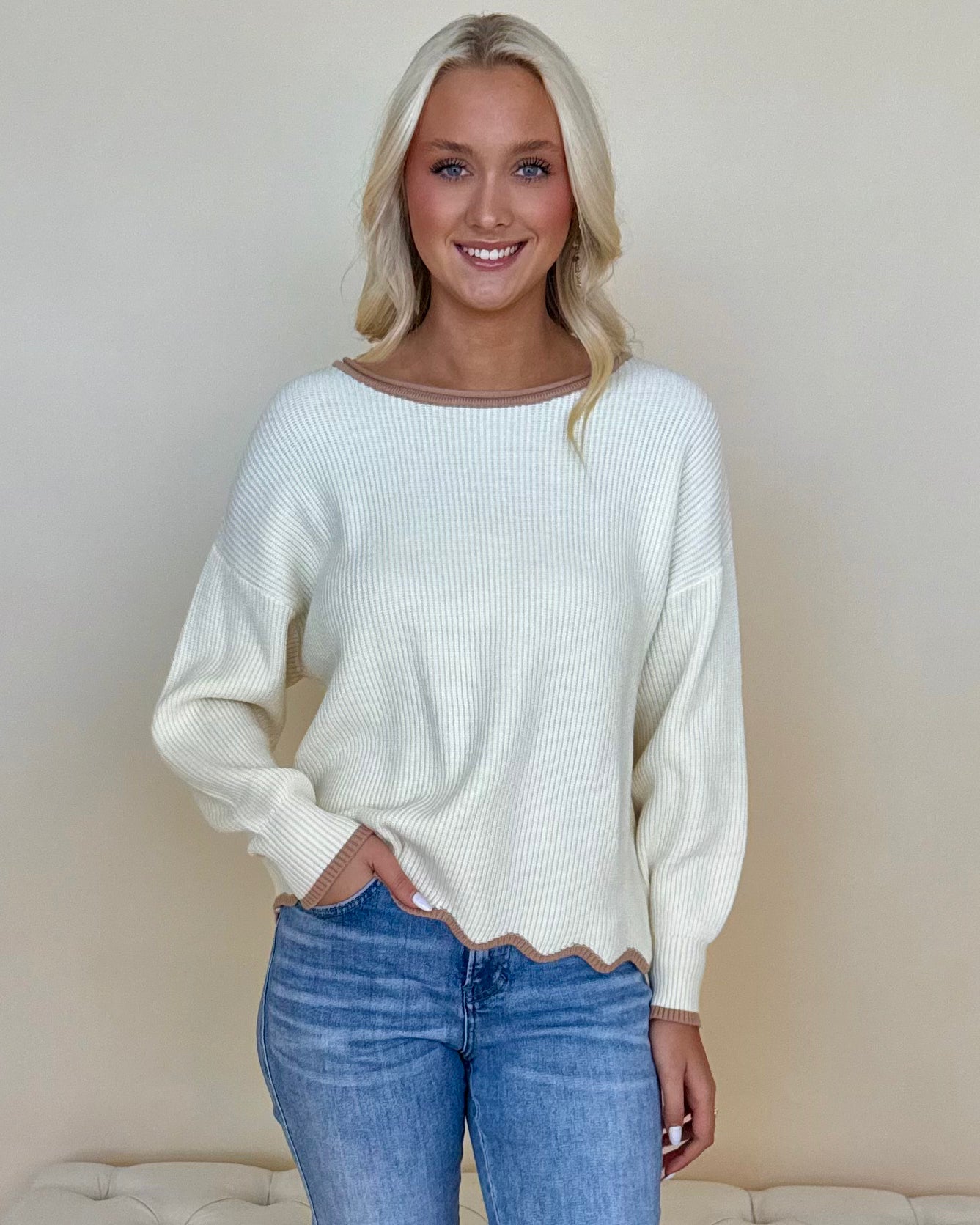Loving View Oatmeal Contrast Scallop Sweater-Shop-Womens-Boutique-Clothing