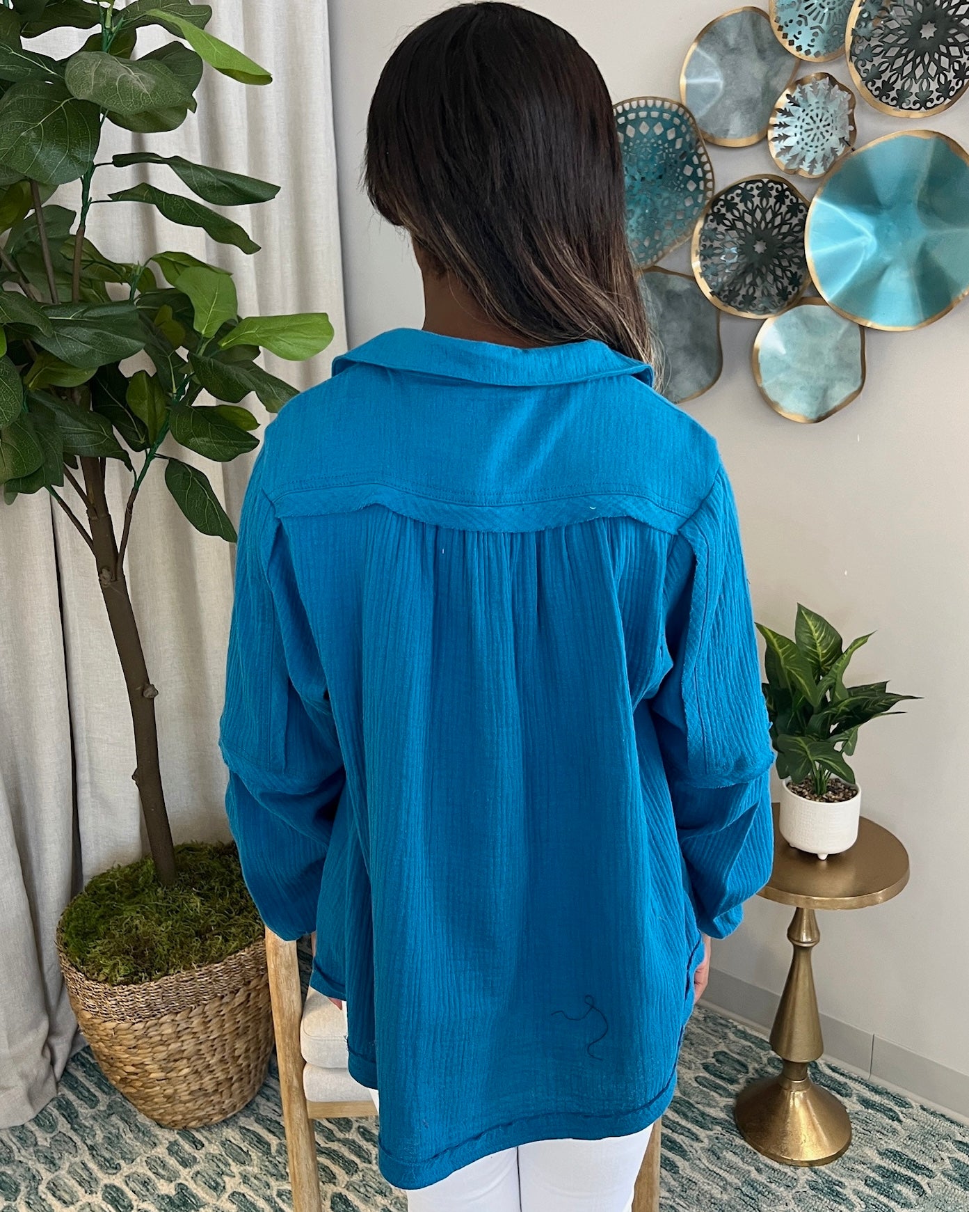 Heard It Teal Blue Crinkle Gauze Top-Shop-Womens-Boutique-Clothing