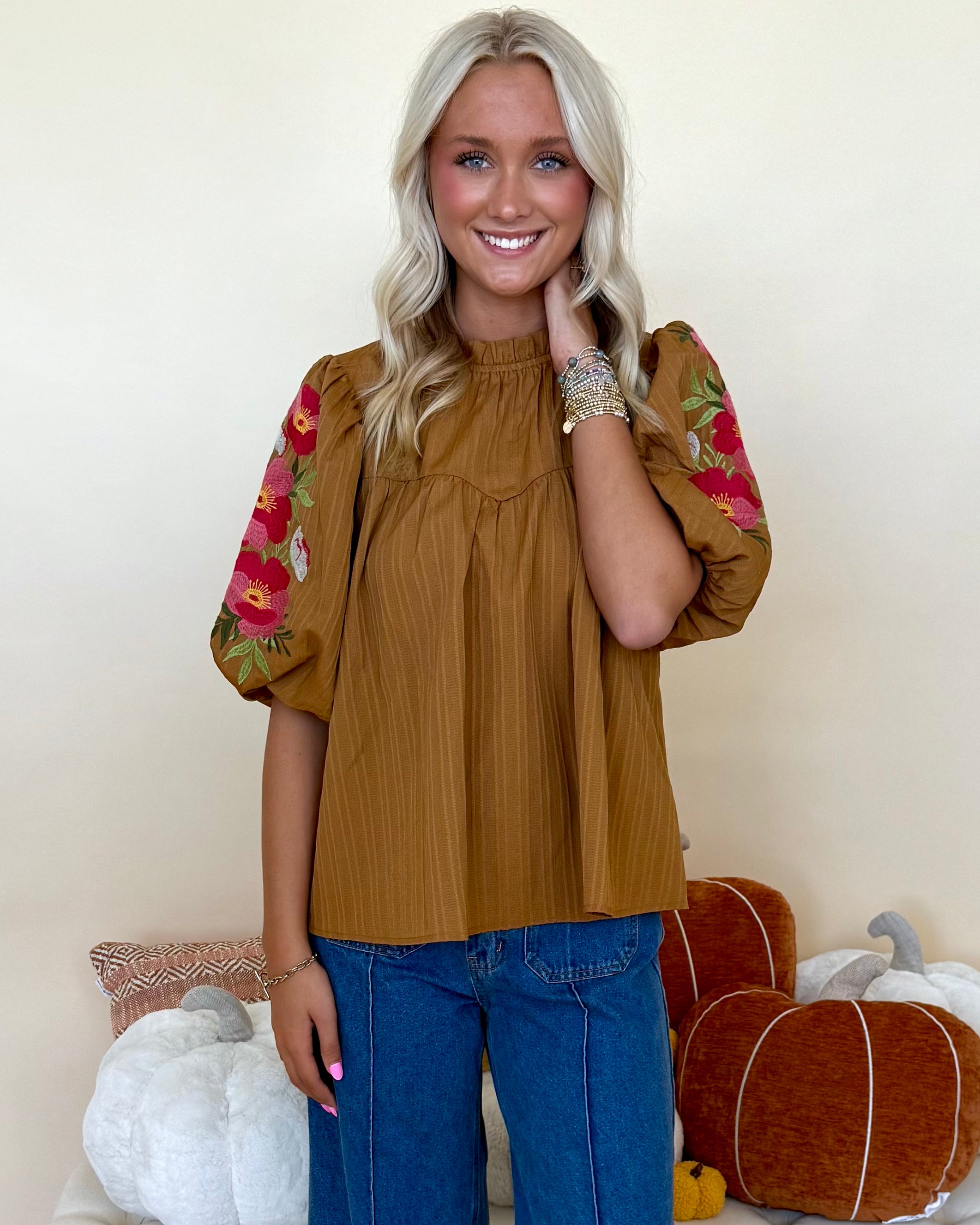 Wild Heart Mocha Brown Embroidered Top-Shop-Womens-Boutique-Clothing
