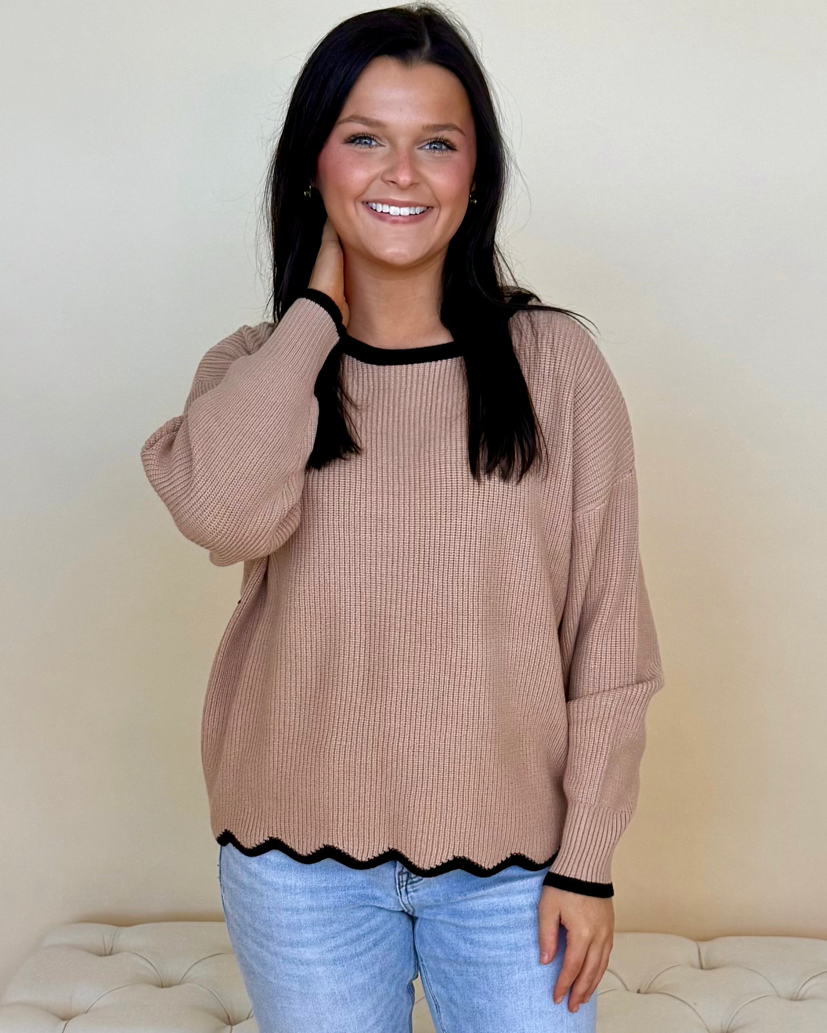 Loving View Khaki Contrast Scallop Sweater-Shop-Womens-Boutique-Clothing