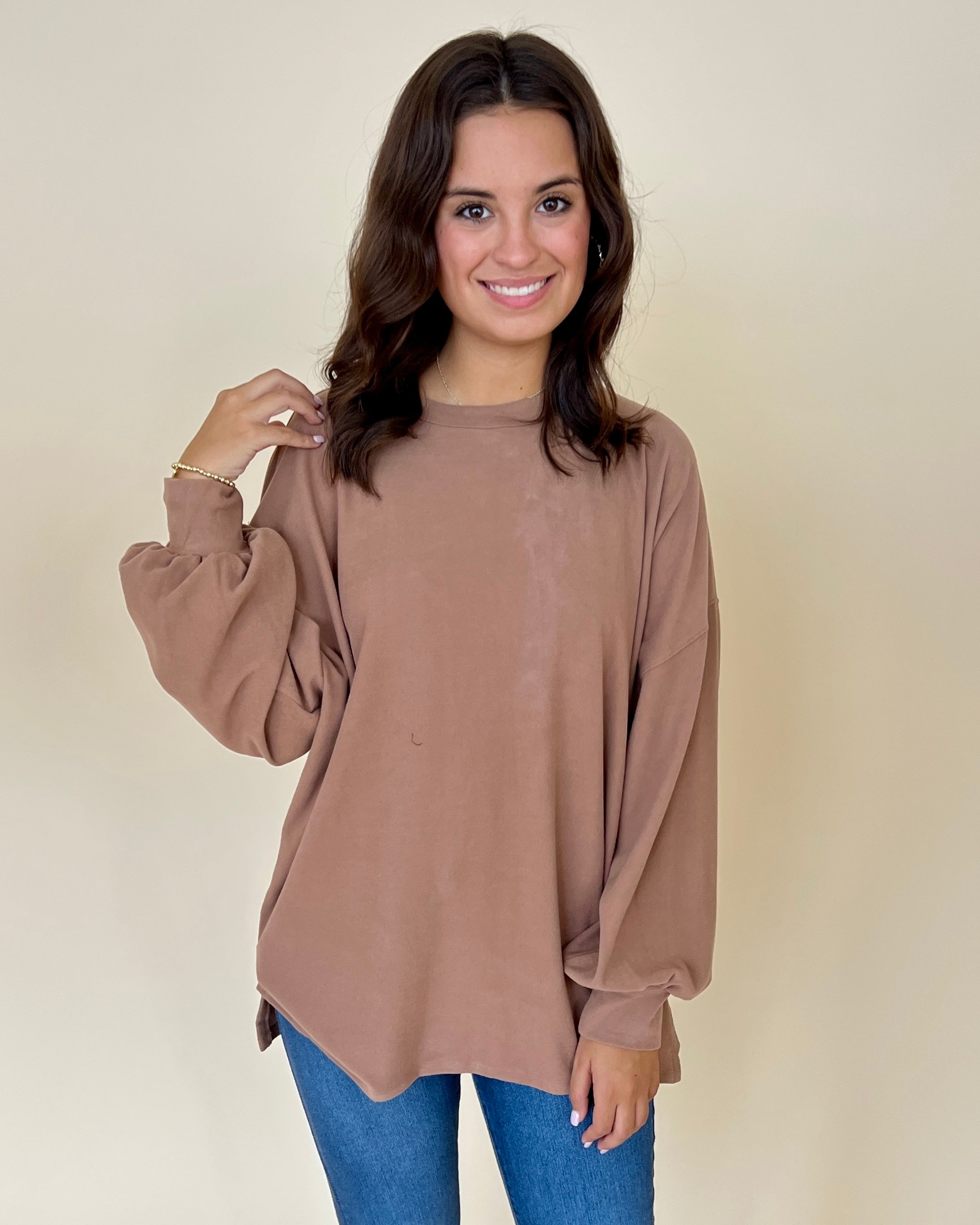 In My Feelings Camel Ribbed Round Neck Oversized Top-Shop-Womens-Boutique-Clothing