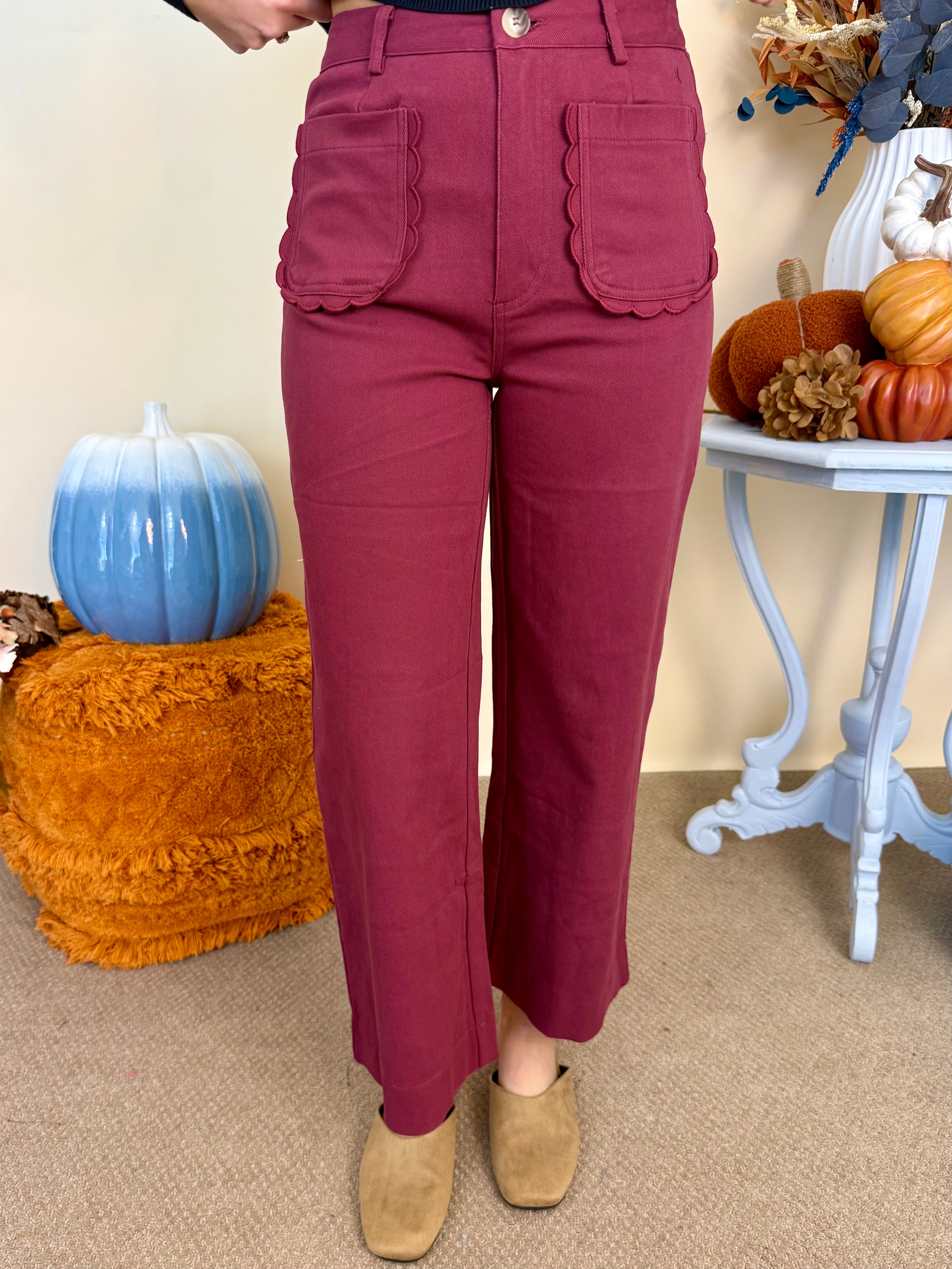 Unhurried Life Burgundy Front Scallop Pocket Pant-Shop-Womens-Boutique-Clothing