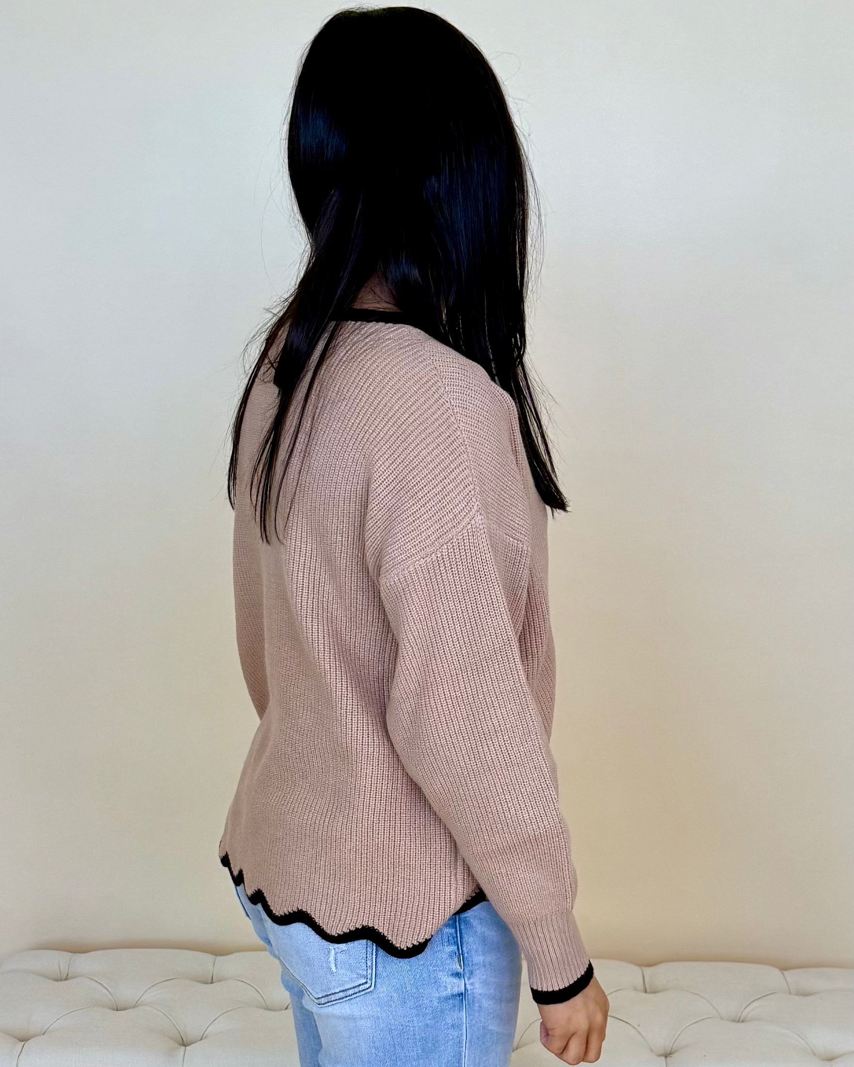 Loving View Khaki Contrast Scallop Sweater-Shop-Womens-Boutique-Clothing