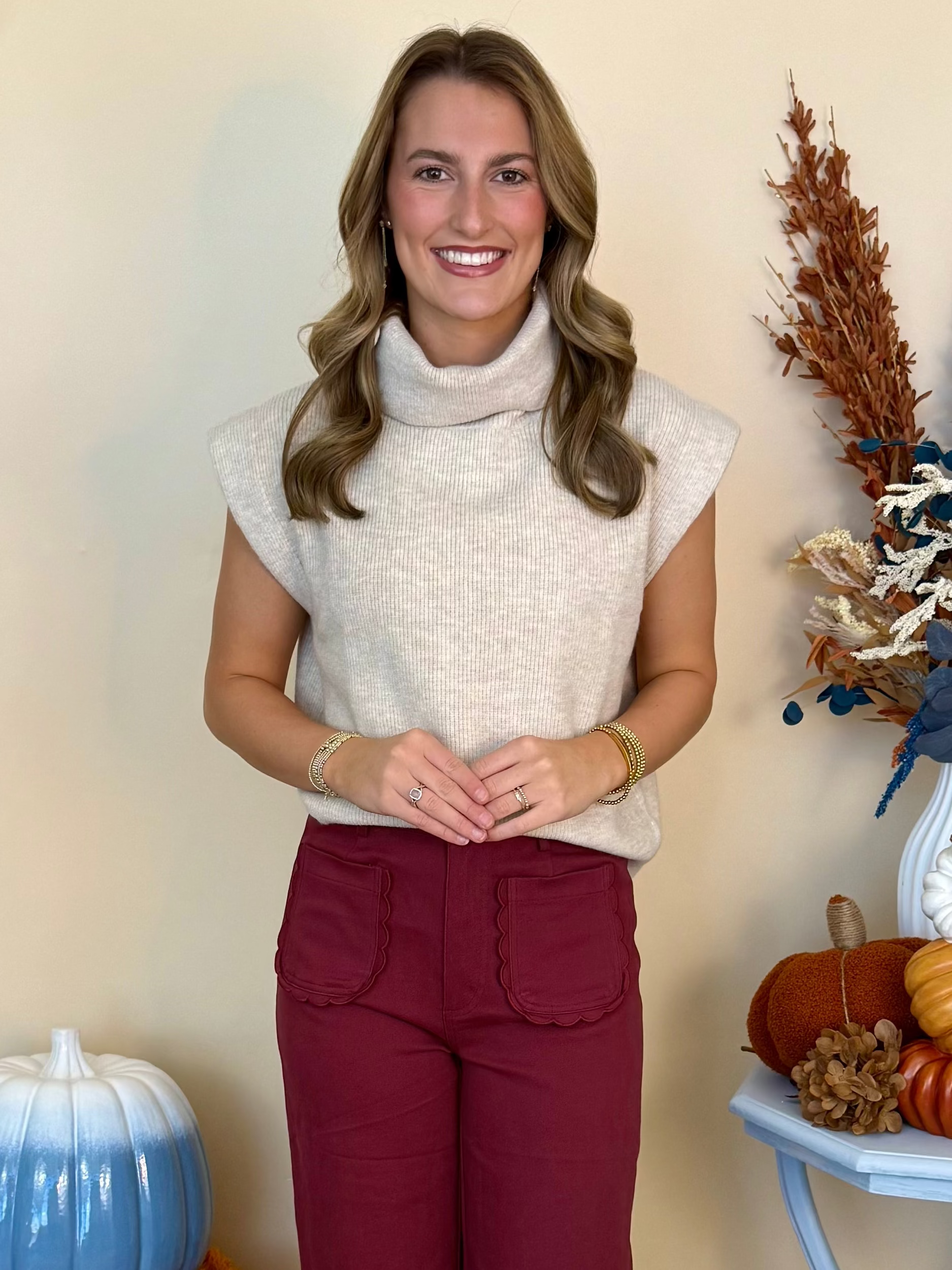 Found Your Way Oatmeal Ribbed Turtleneck Cap Sleeve Sweater-Shop-Womens-Boutique-Clothing