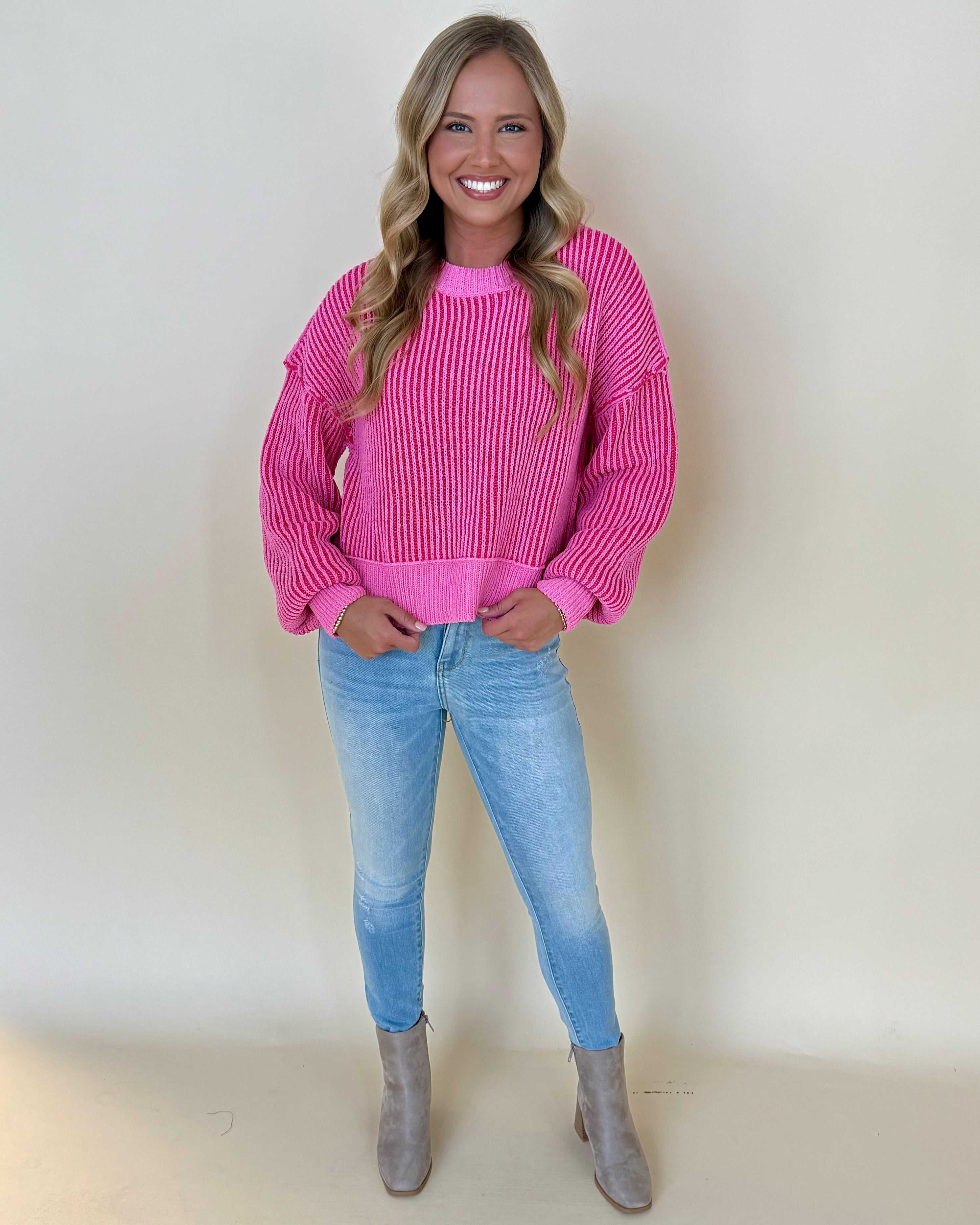 Bold News Pink Ribbed Sweater-Shop-Womens-Boutique-Clothing