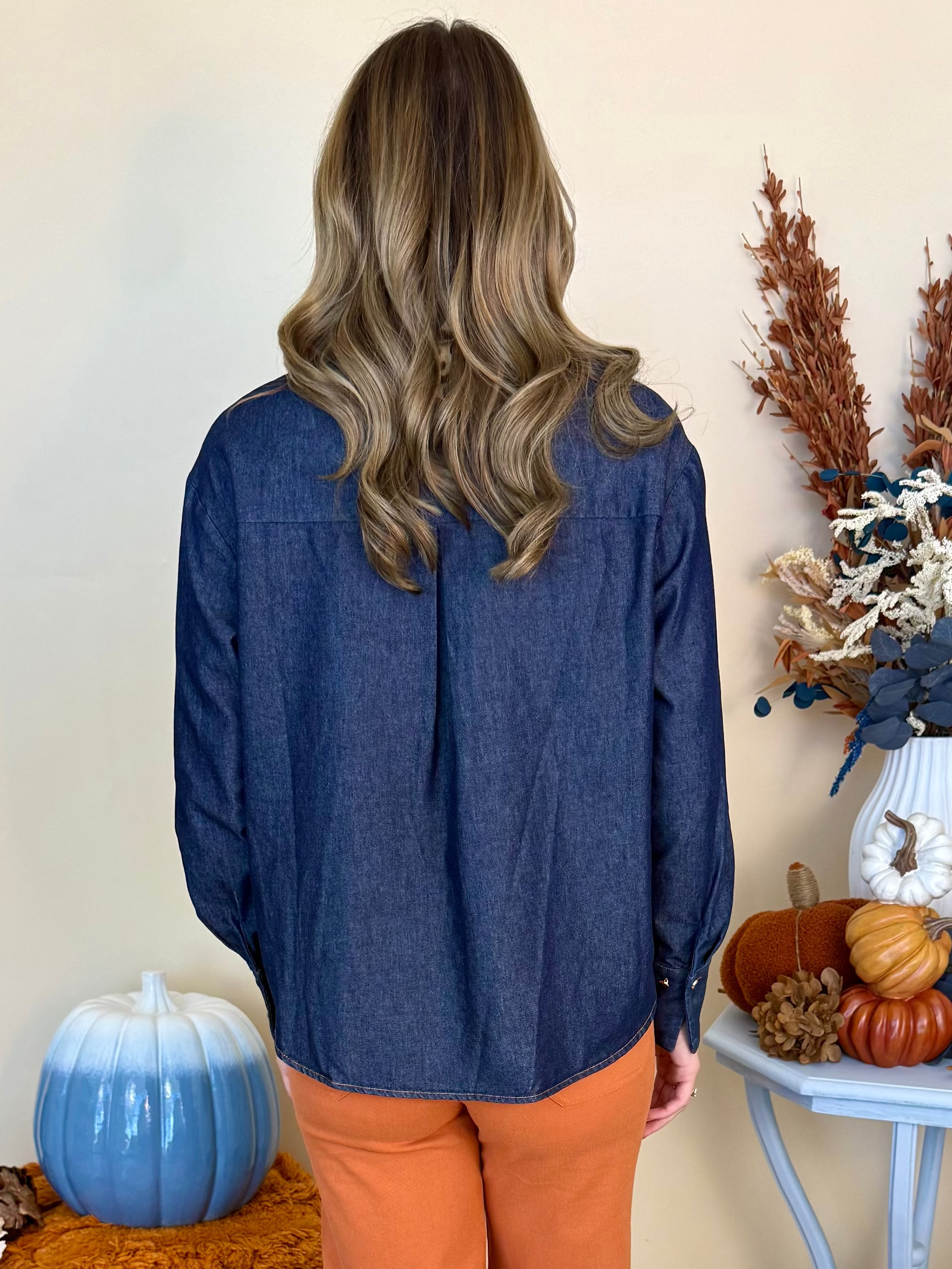Always On My Mind Dk Denim Scarf Button Down Top-Shop-Womens-Boutique-Clothing
