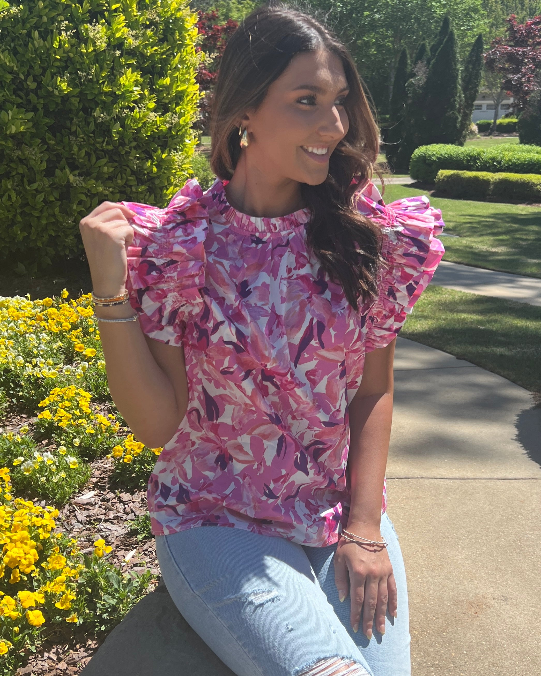 Spend Time Pink Floral Ruffle Top-Shop-Womens-Boutique-Clothing