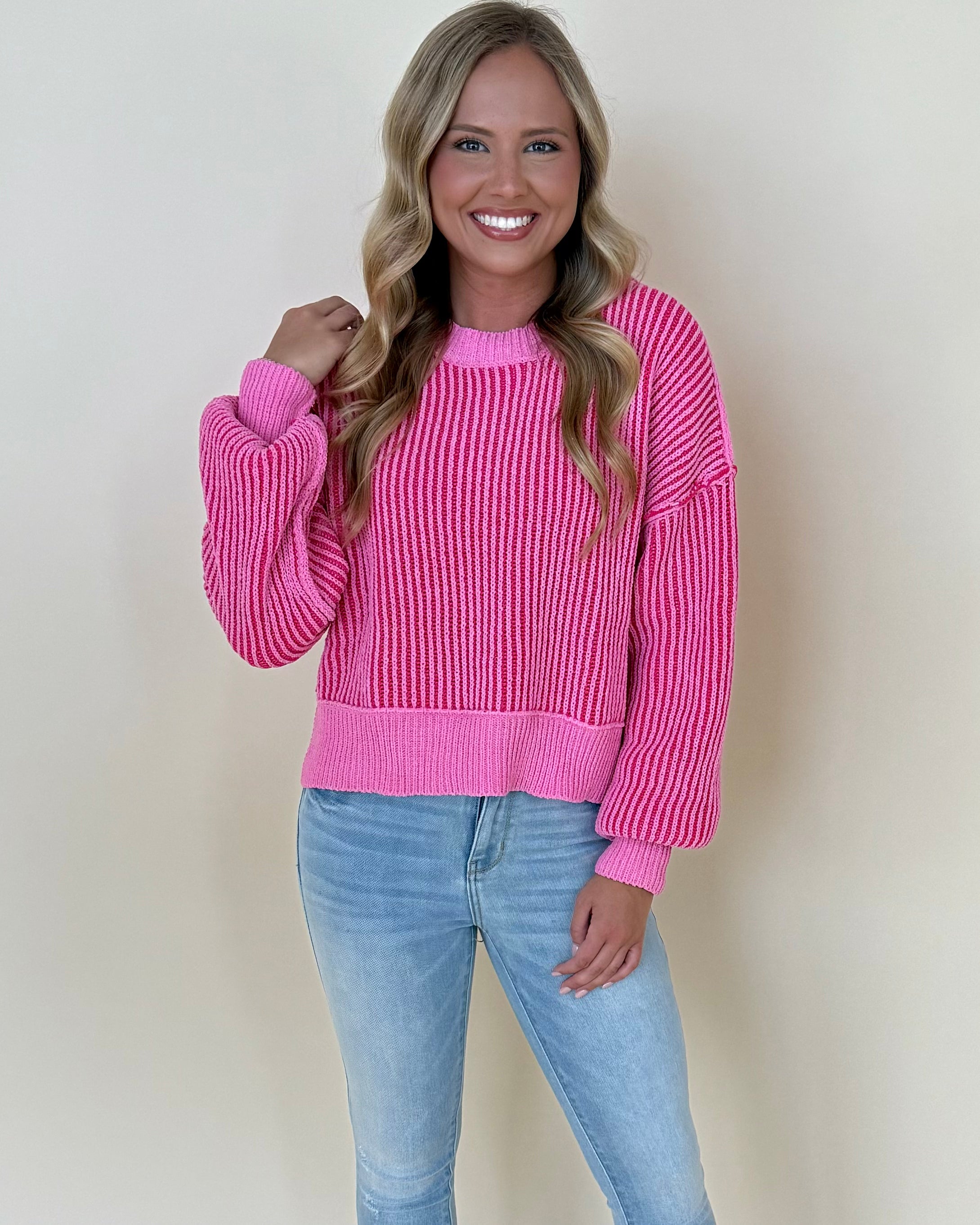 Bold News Pink Ribbed Sweater-Shop-Womens-Boutique-Clothing