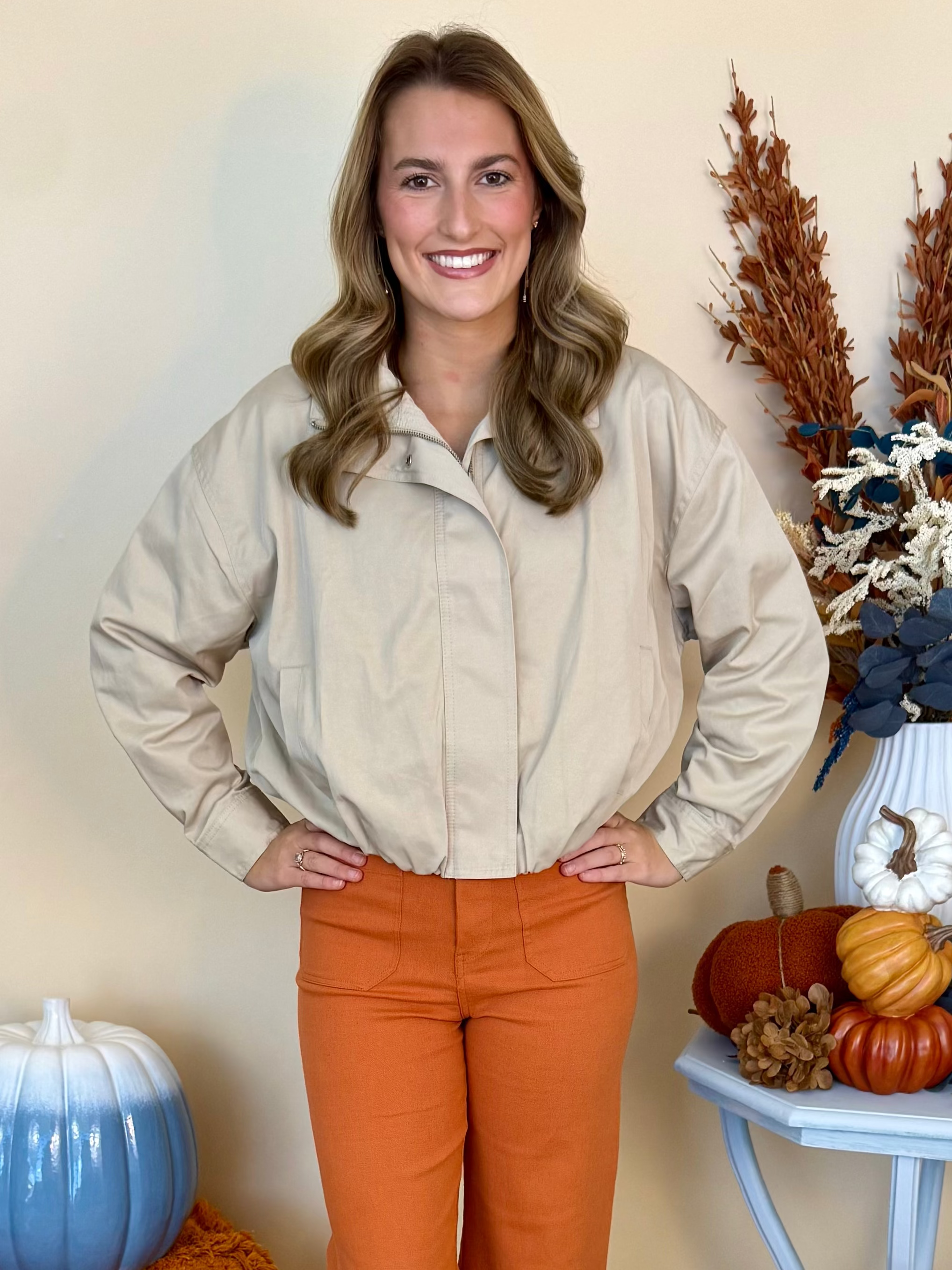 Charmed to Meet You Light Khaki Zip Up Mock Neck Jacket-Shop-Womens-Boutique-Clothing