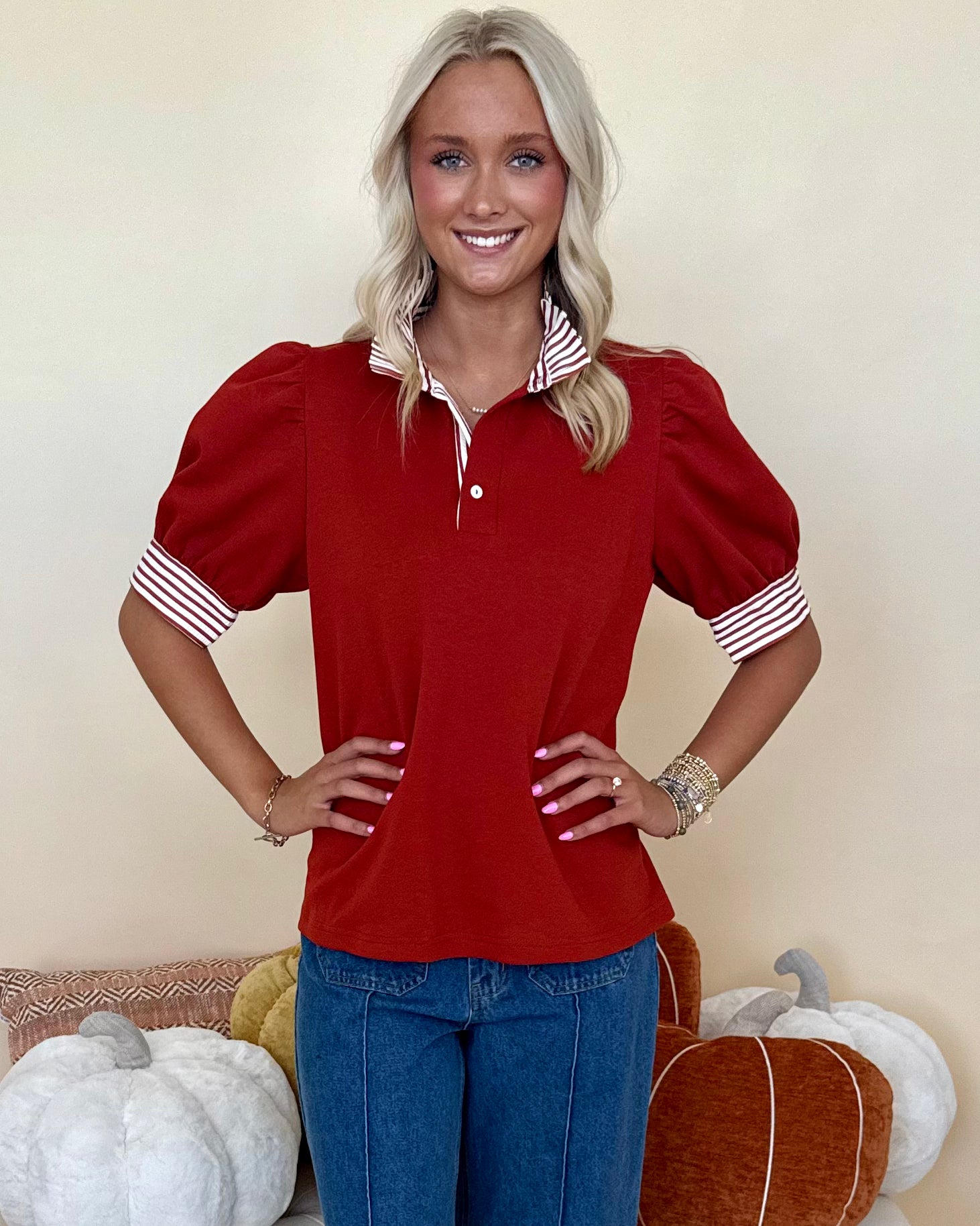 Keeping Faith Rust Stripe Ruffle Top-Shop-Womens-Boutique-Clothing
