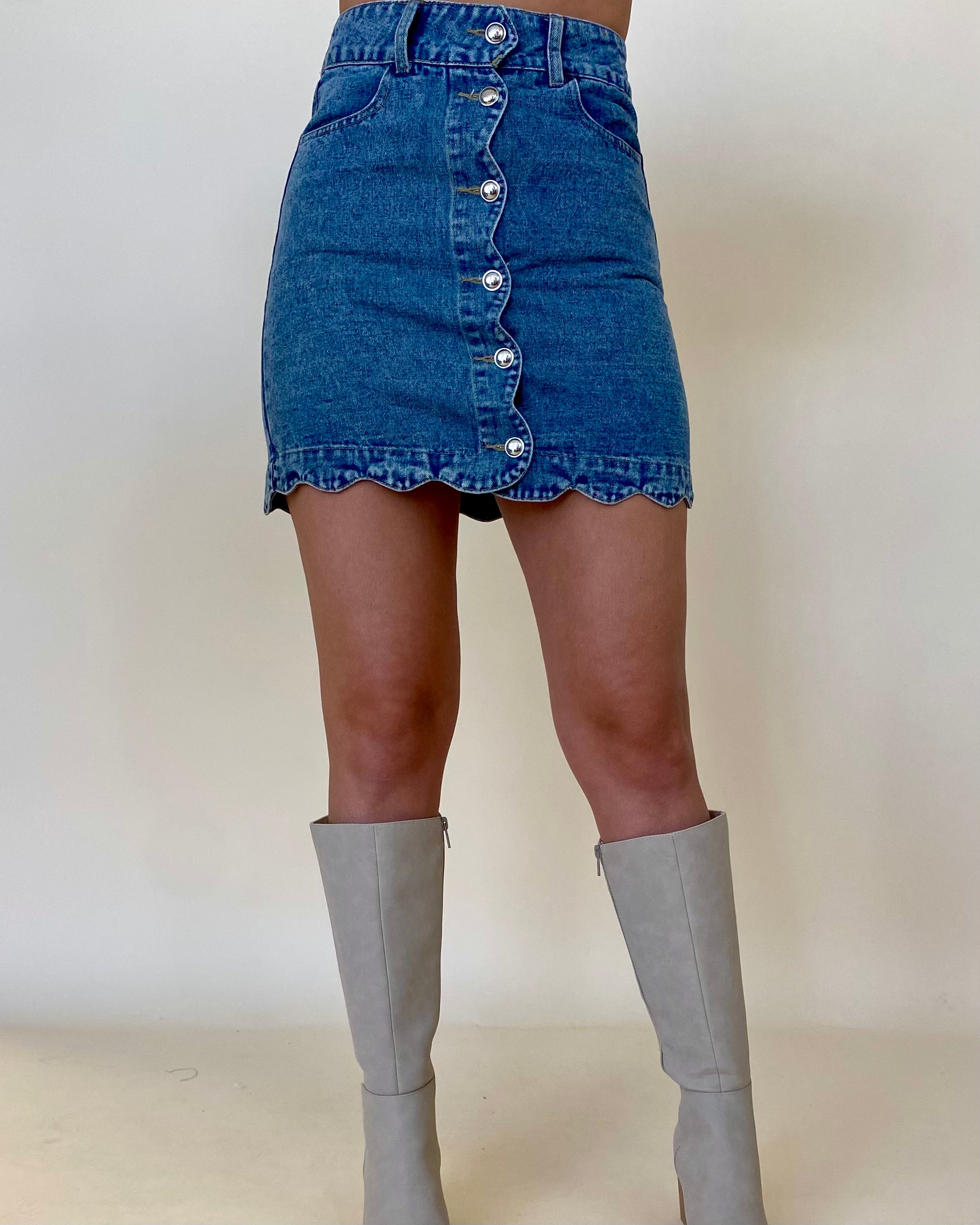 The Way Up Denim Scallop Button Skirt-Shop-Womens-Boutique-Clothing