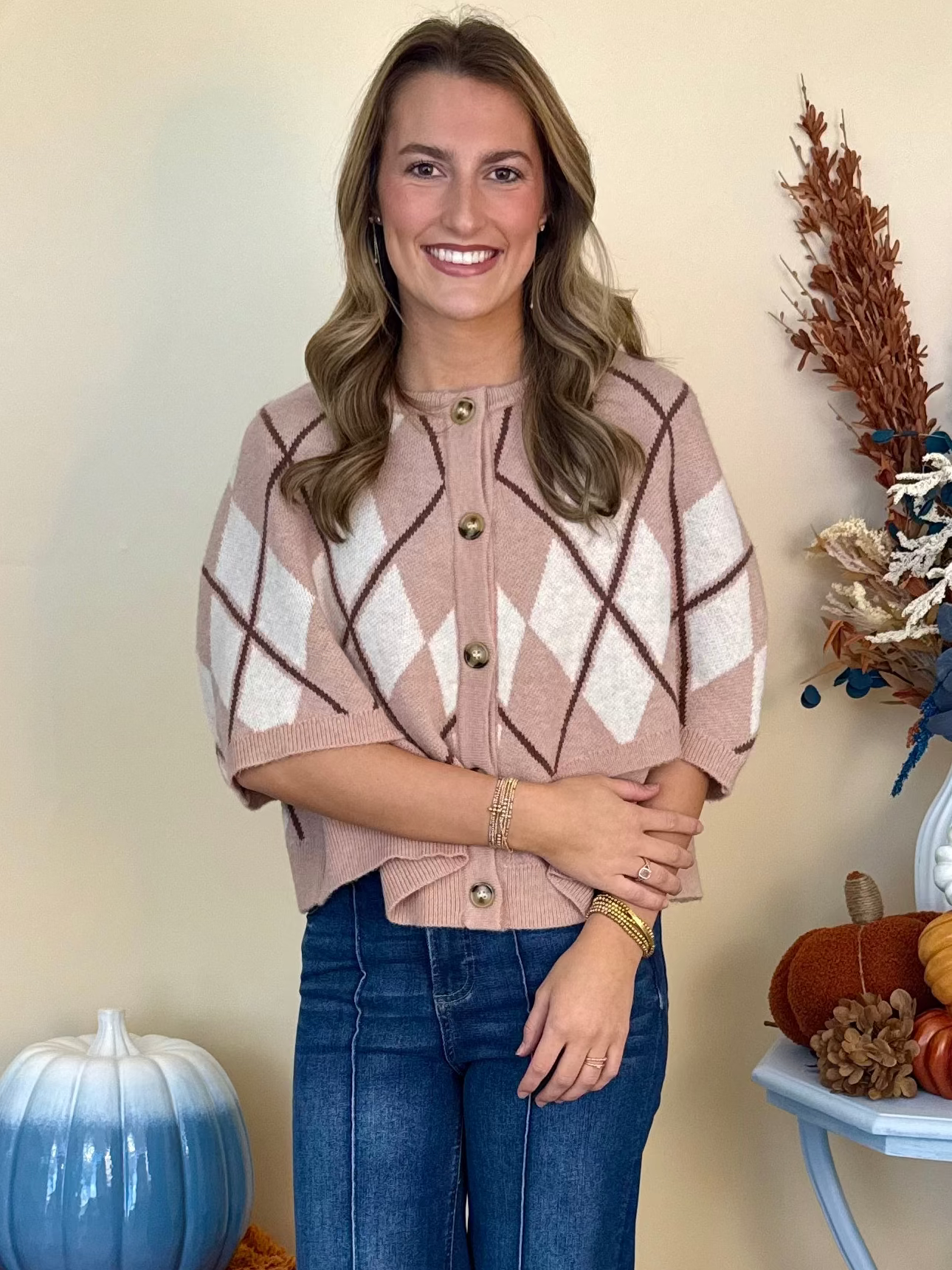 Leaves and Lattes Rose Ivory Argyle Cape Sweater-Shop-Womens-Boutique-Clothing