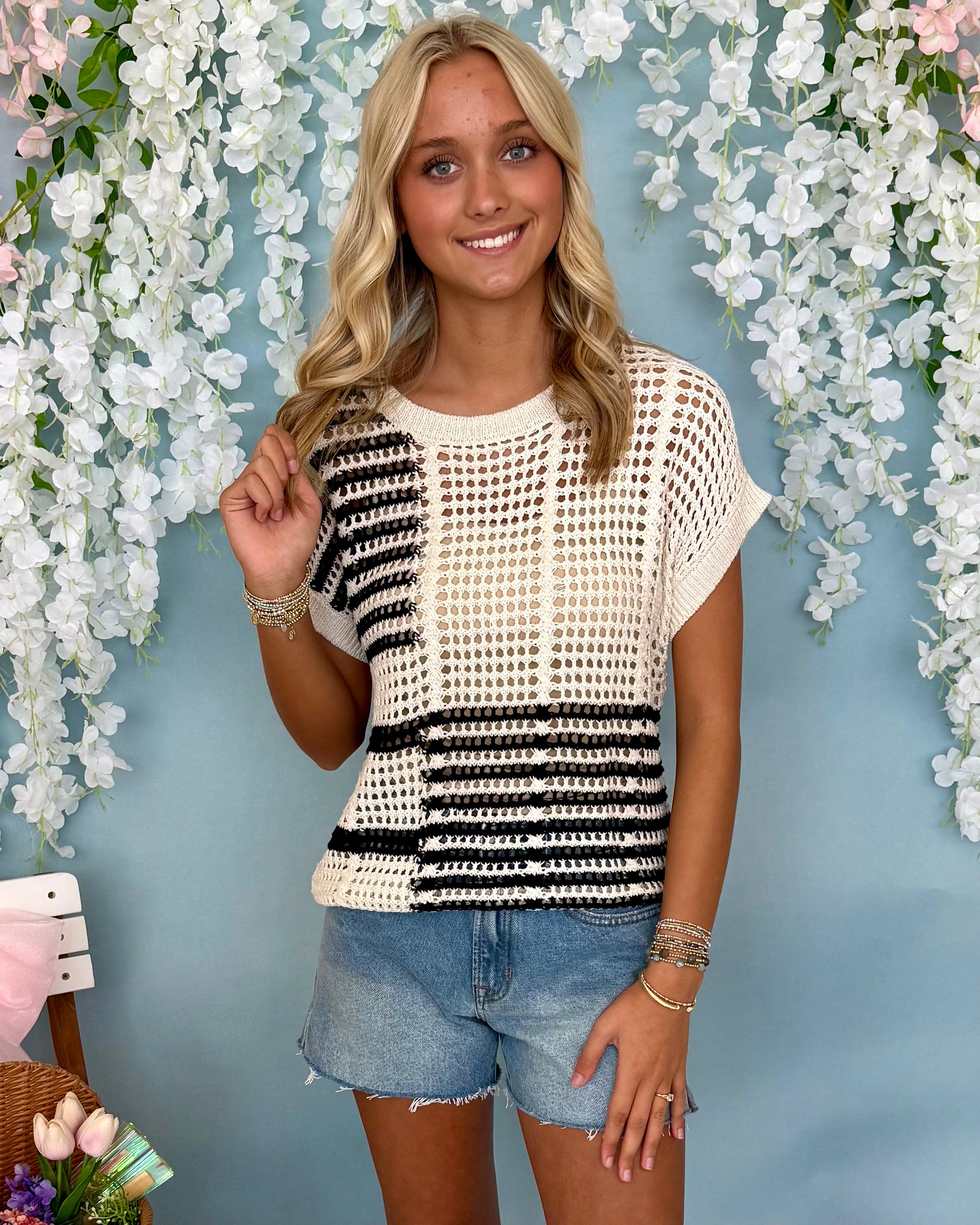Oceanside Black Stripe Crochet Sweater-Shop-Womens-Boutique-Clothing