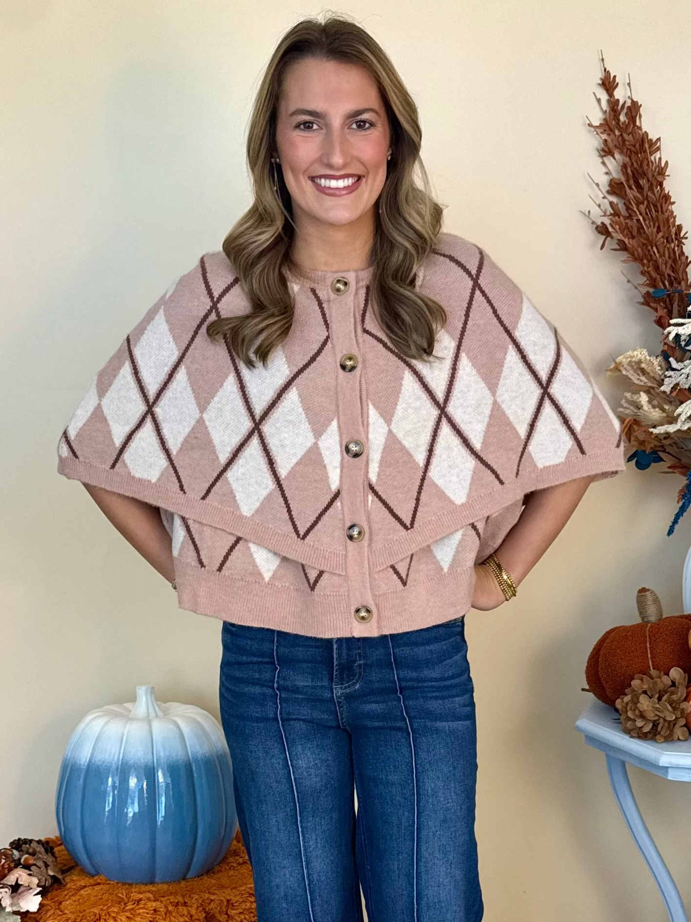 Leaves and Lattes Rose Ivory Argyle Cape Sweater-Shop-Womens-Boutique-Clothing