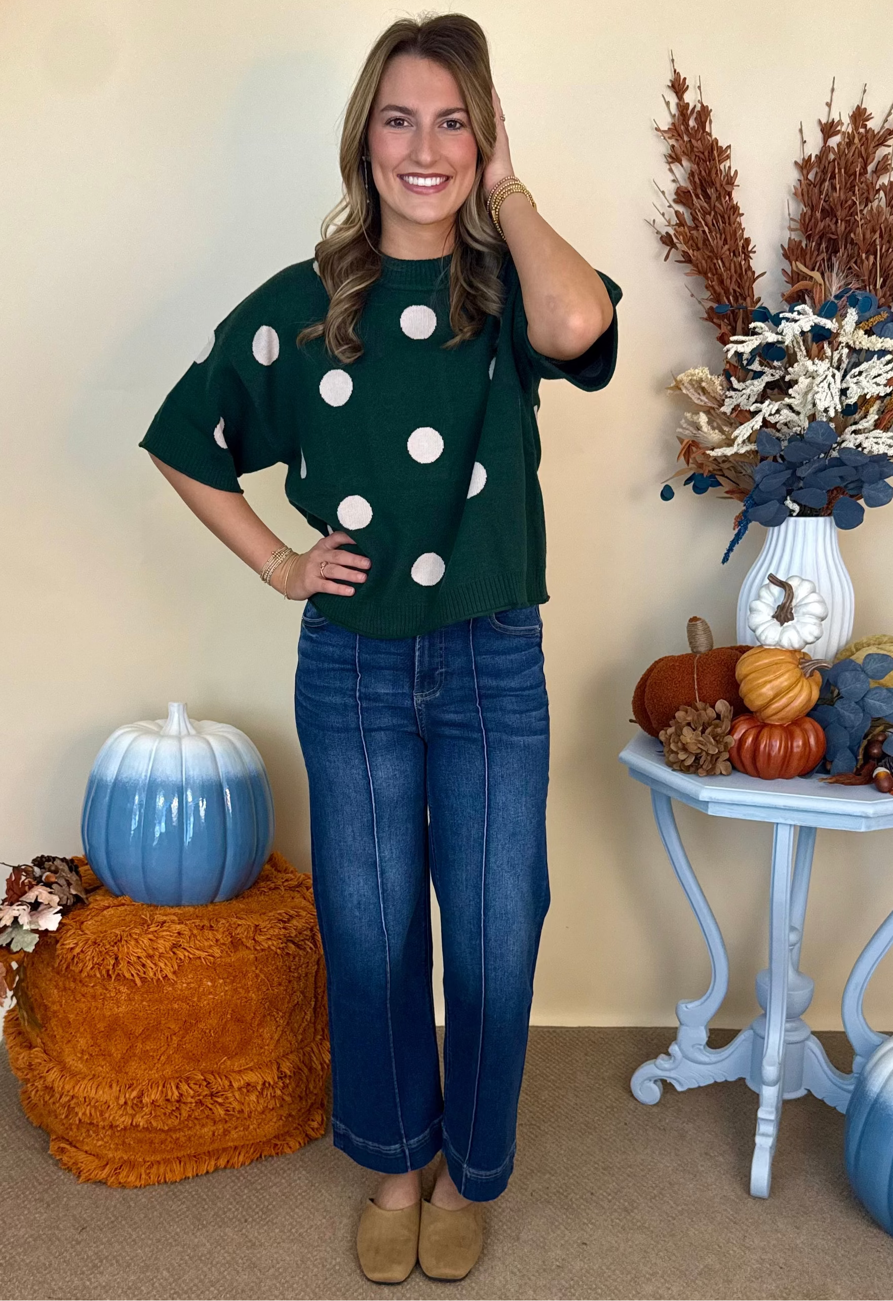 A Little Unwind Hunter Green Polka Dot Short Sleeve Sweater-Shop-Womens-Boutique-Clothing
