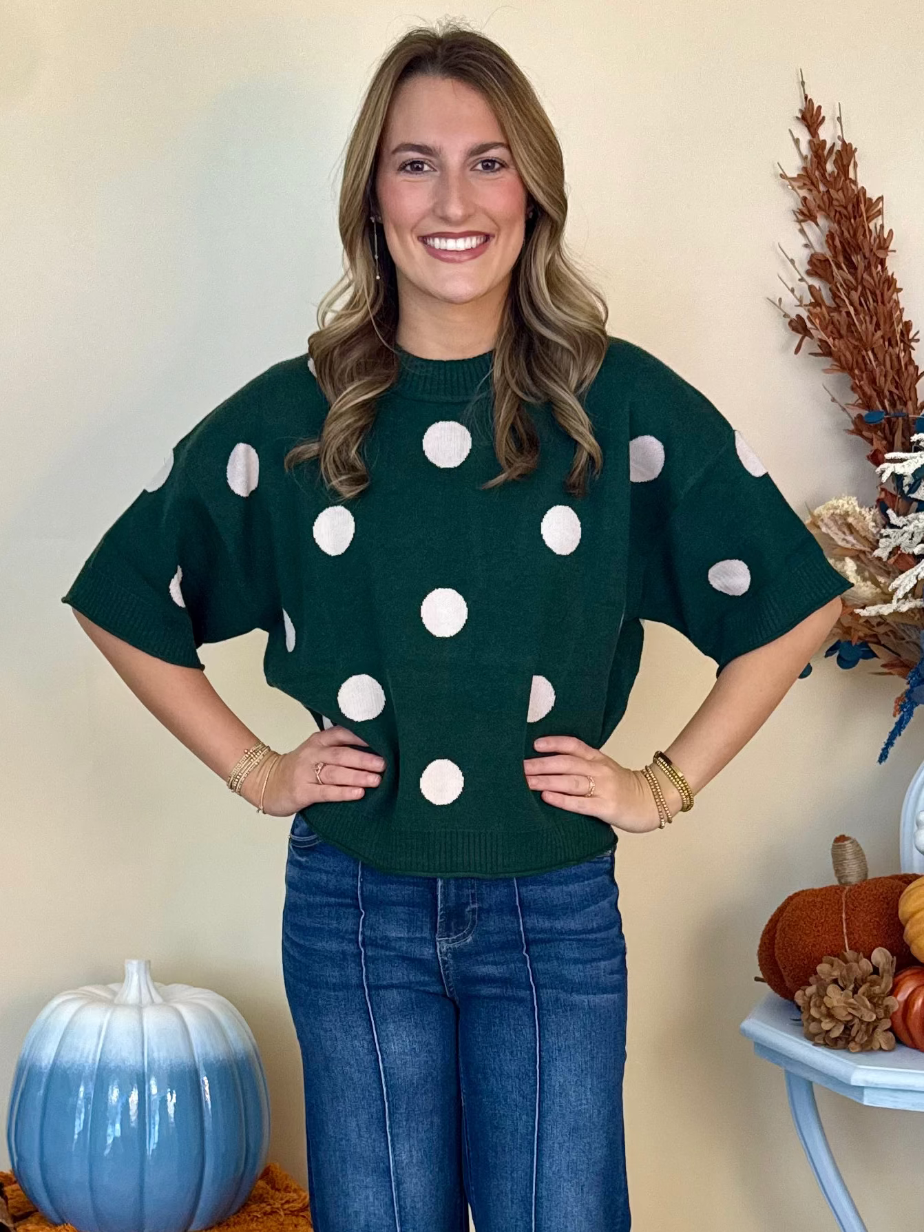 A Little Unwind Hunter Green Polka Dot Short Sleeve Sweater-Shop-Womens-Boutique-Clothing