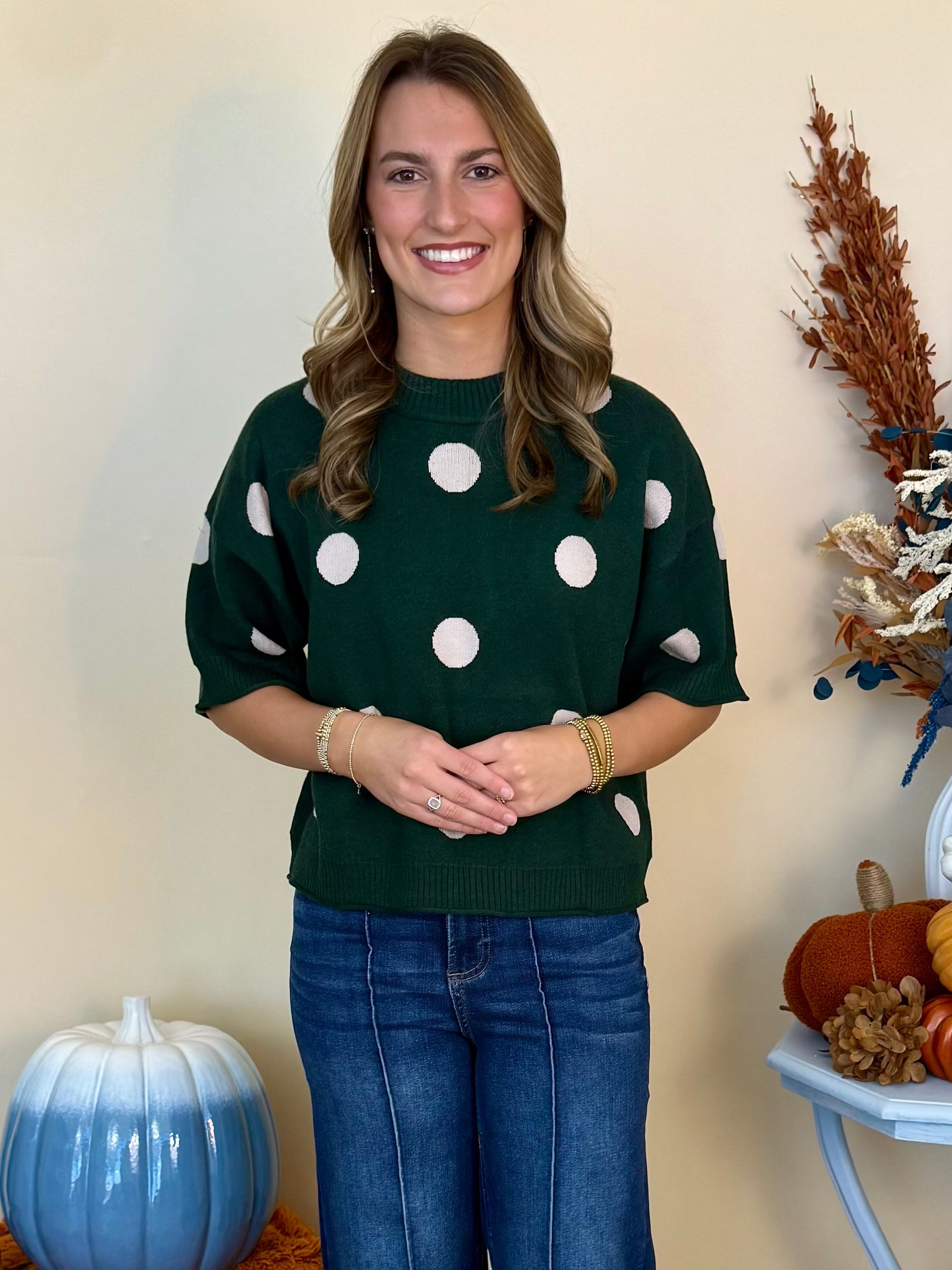 A Little Unwind Hunter Green Polka Dot Short Sleeve Sweater-Shop-Womens-Boutique-Clothing
