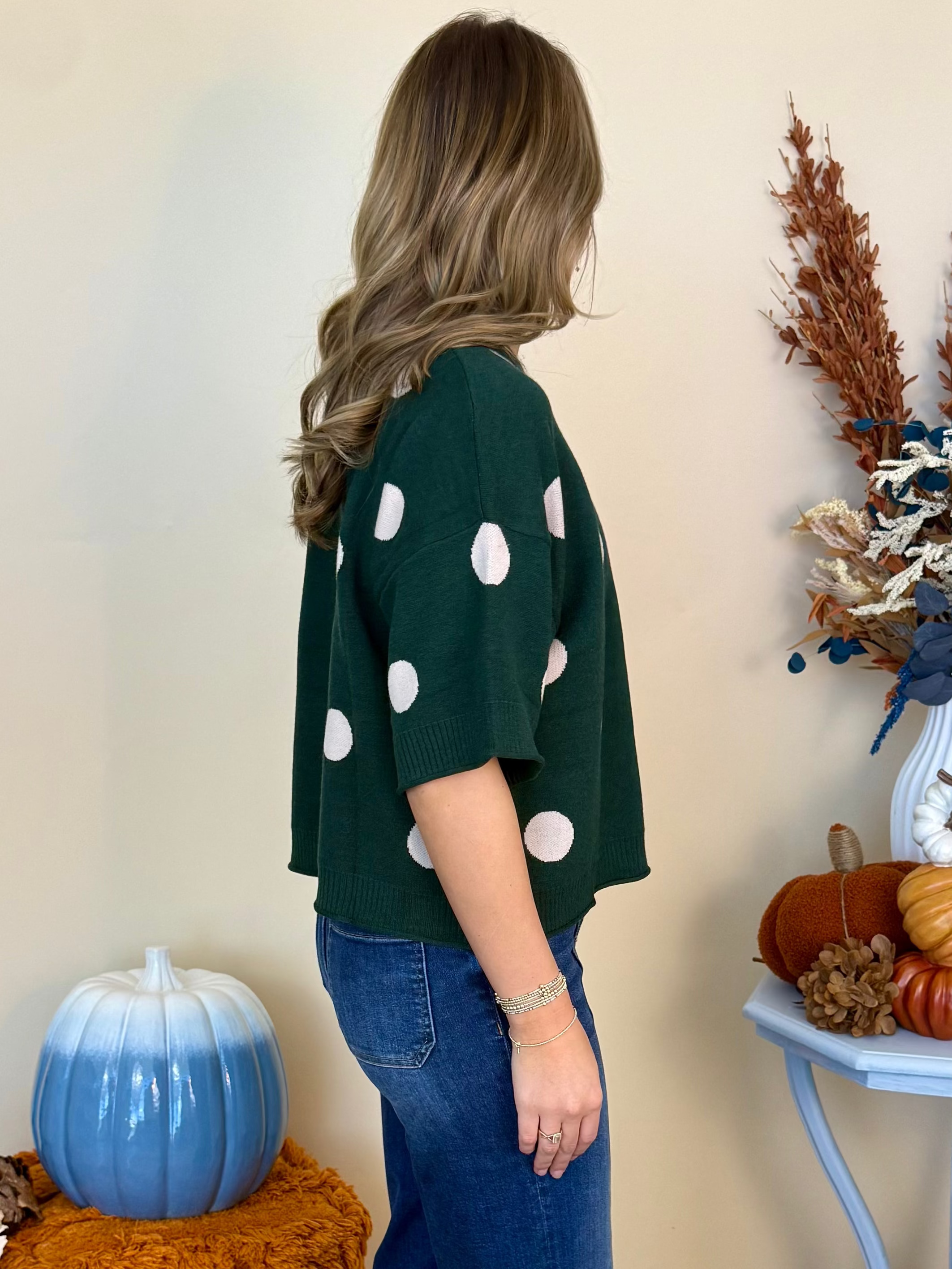 A Little Unwind Hunter Green Polka Dot Short Sleeve Sweater-Shop-Womens-Boutique-Clothing