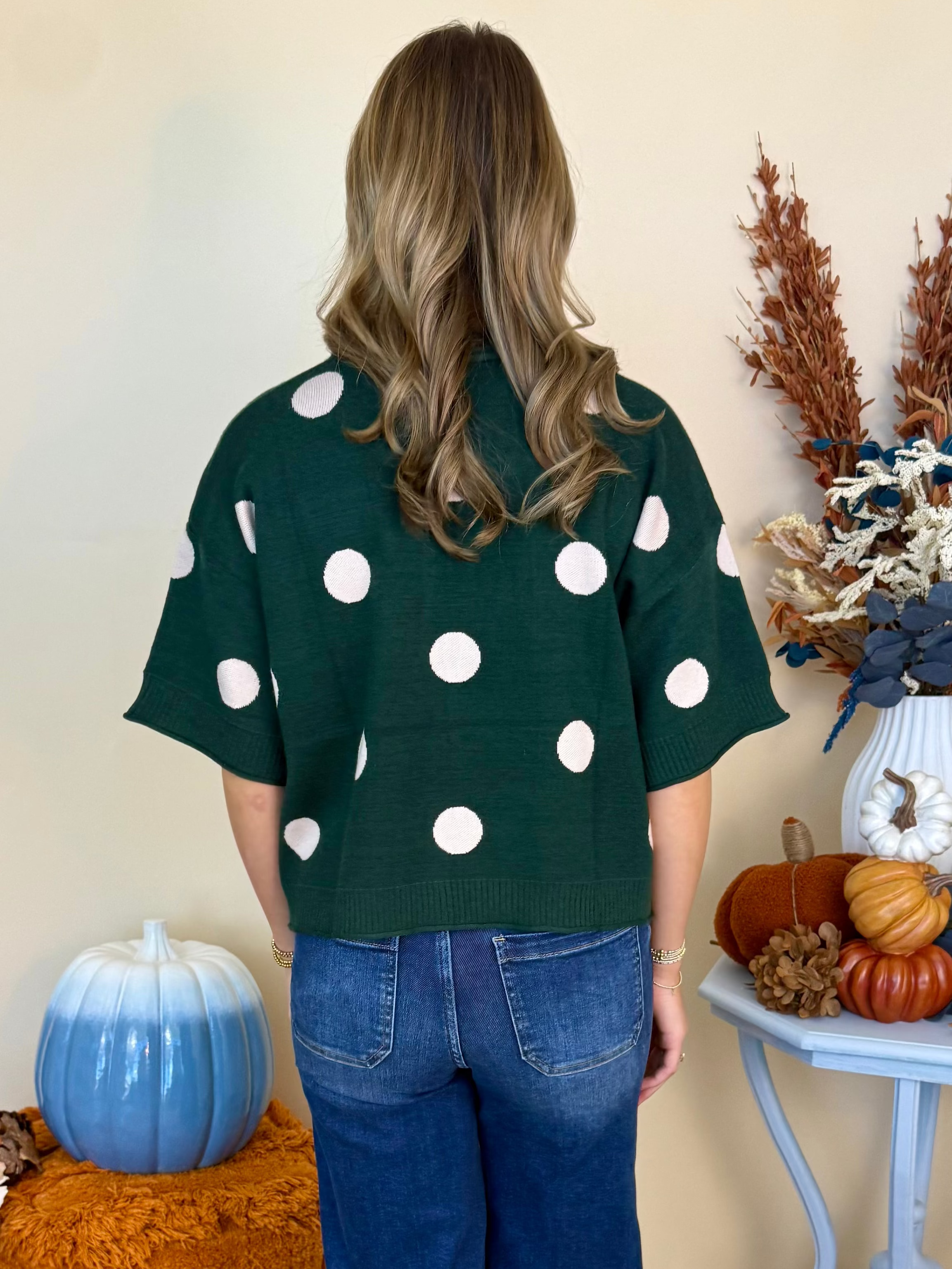 A Little Unwind Hunter Green Polka Dot Short Sleeve Sweater-Shop-Womens-Boutique-Clothing
