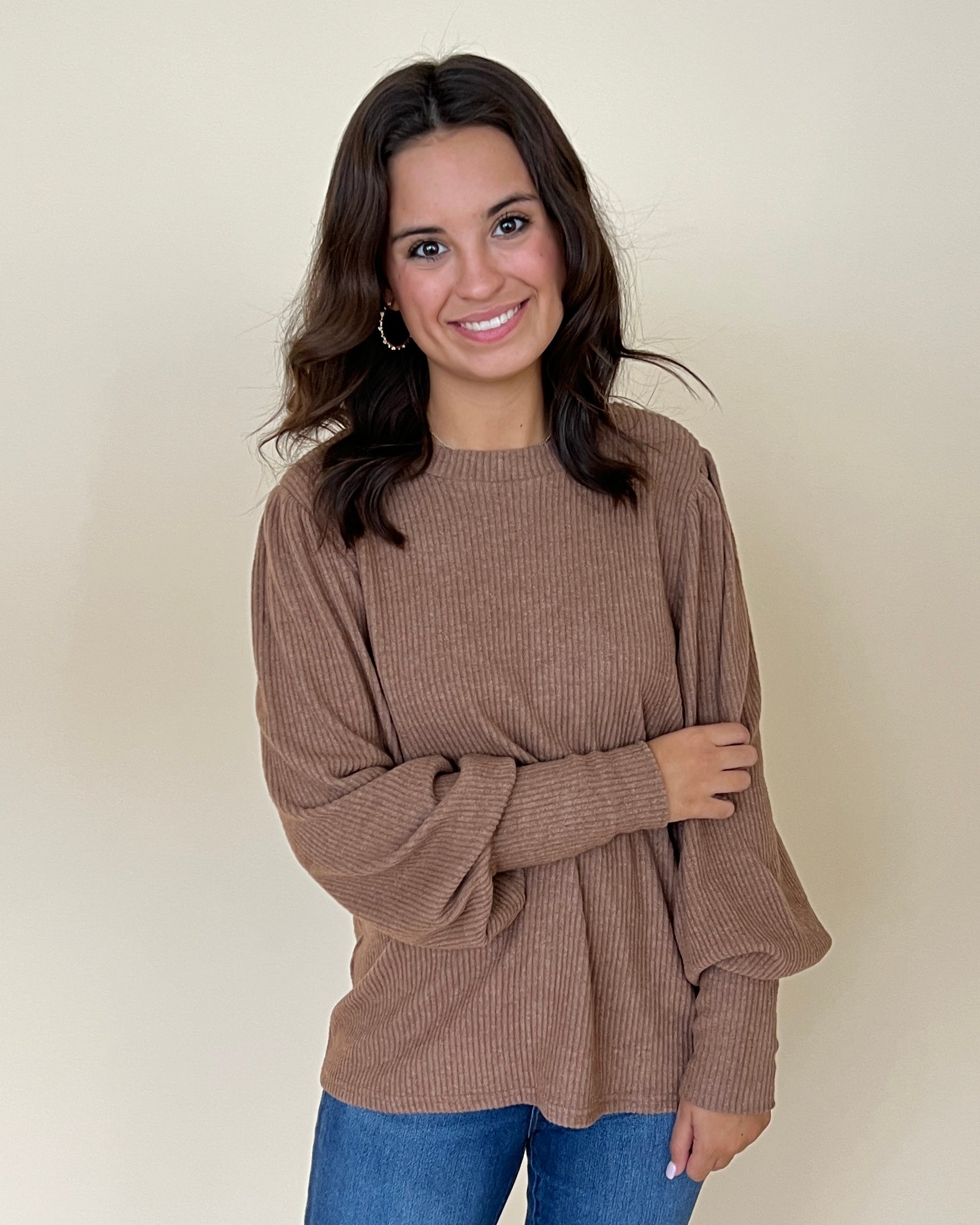 Perfect Together Camel Rib Puff Sleeve Top-Shop-Womens-Boutique-Clothing