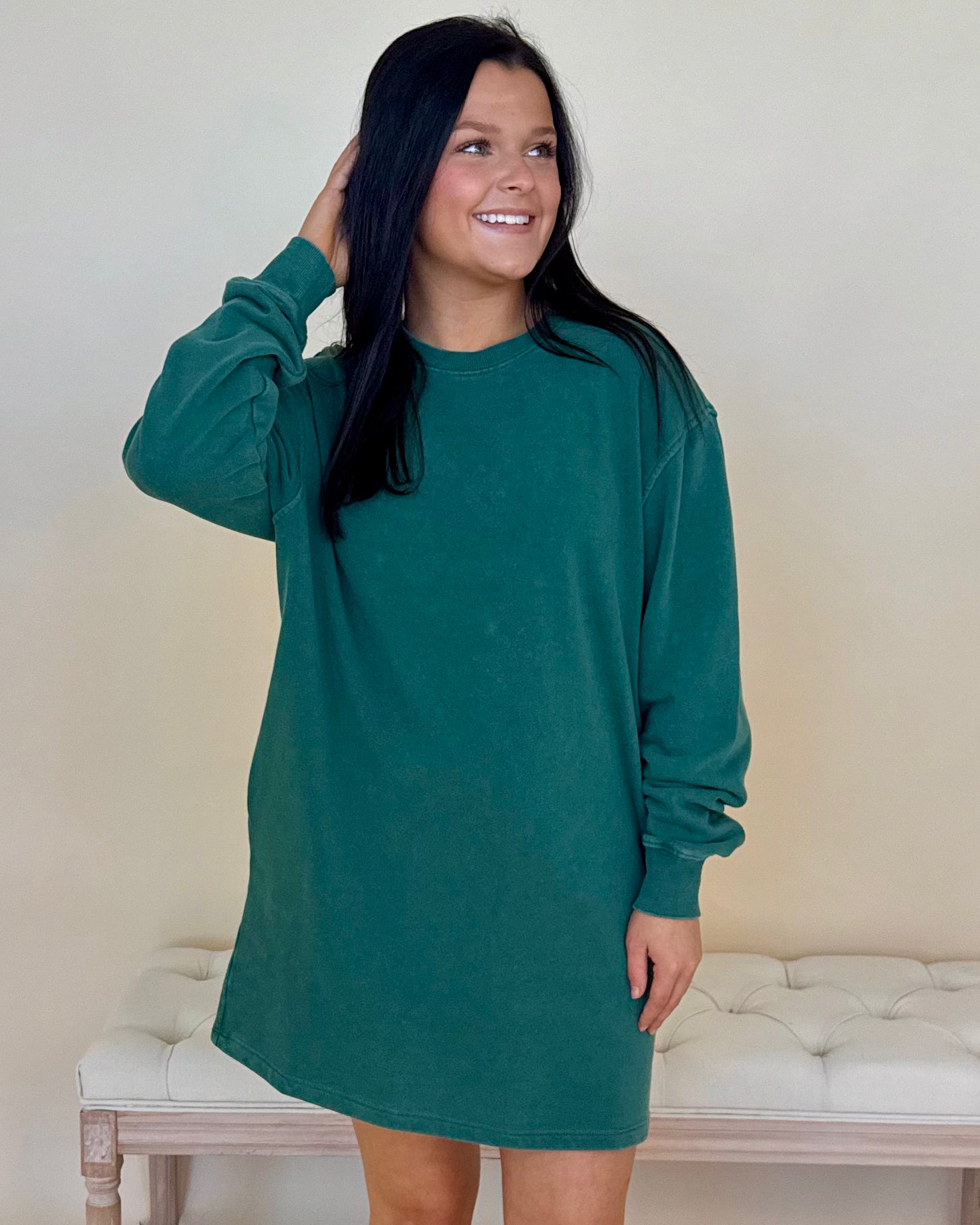Line Up Dark Green Washed Sweatshirt Dress-Shop-Womens-Boutique-Clothing