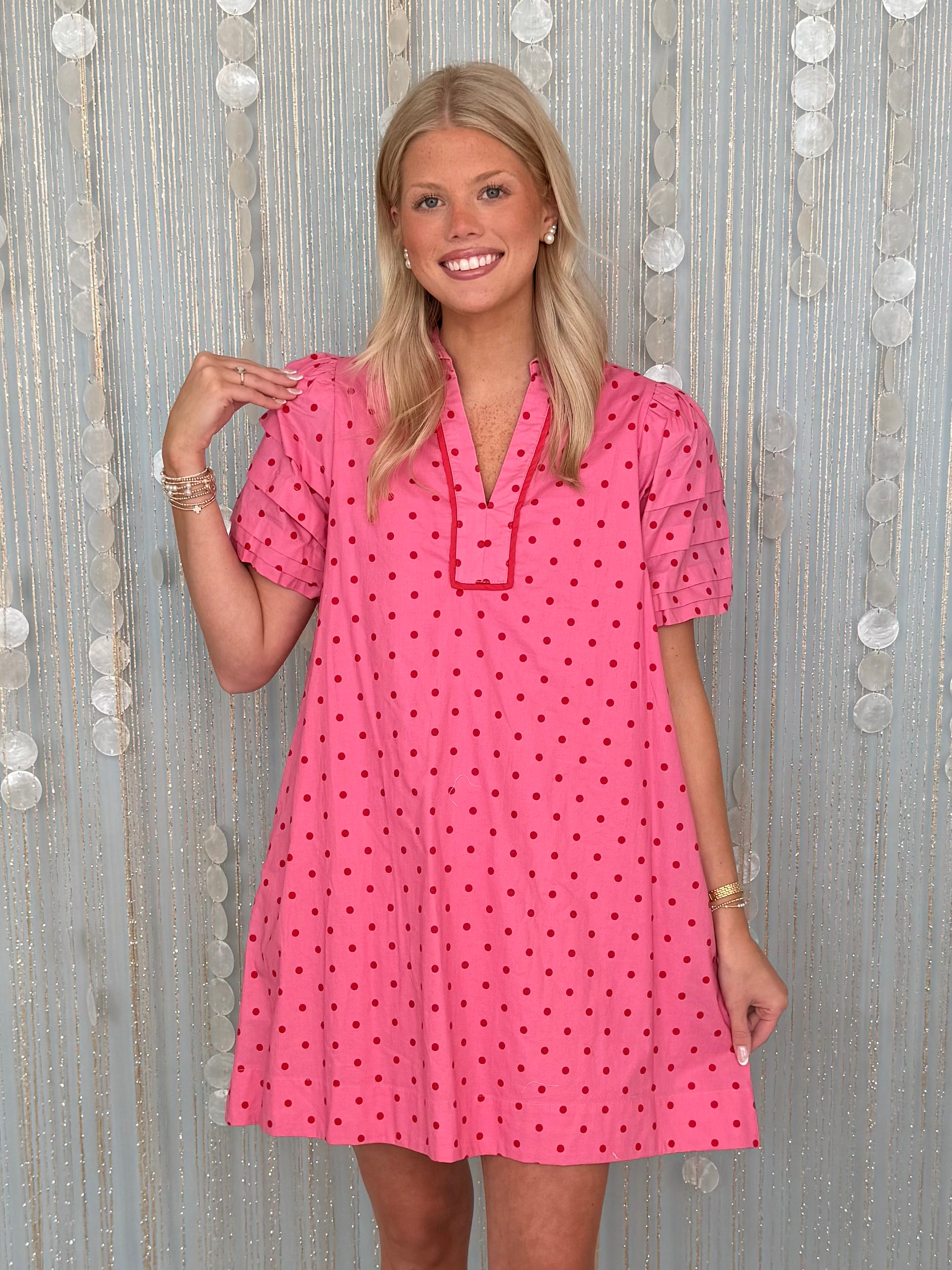 Ivory Tide Pink Polka Dot Puff Sleeve Dress-Shop-Womens-Boutique-Clothing