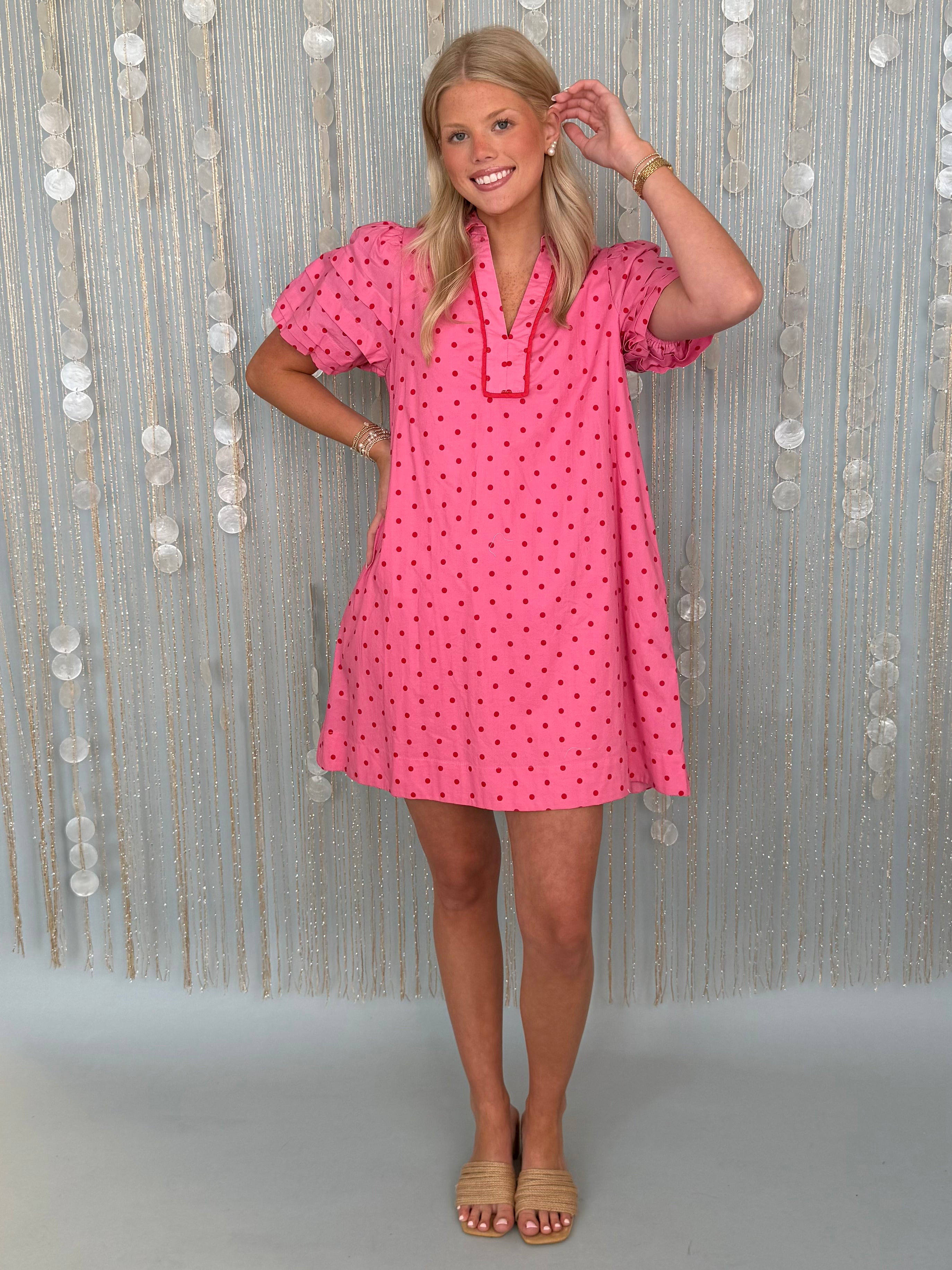 Ivory Tide Pink Polka Dot Puff Sleeve Dress-Shop-Womens-Boutique-Clothing