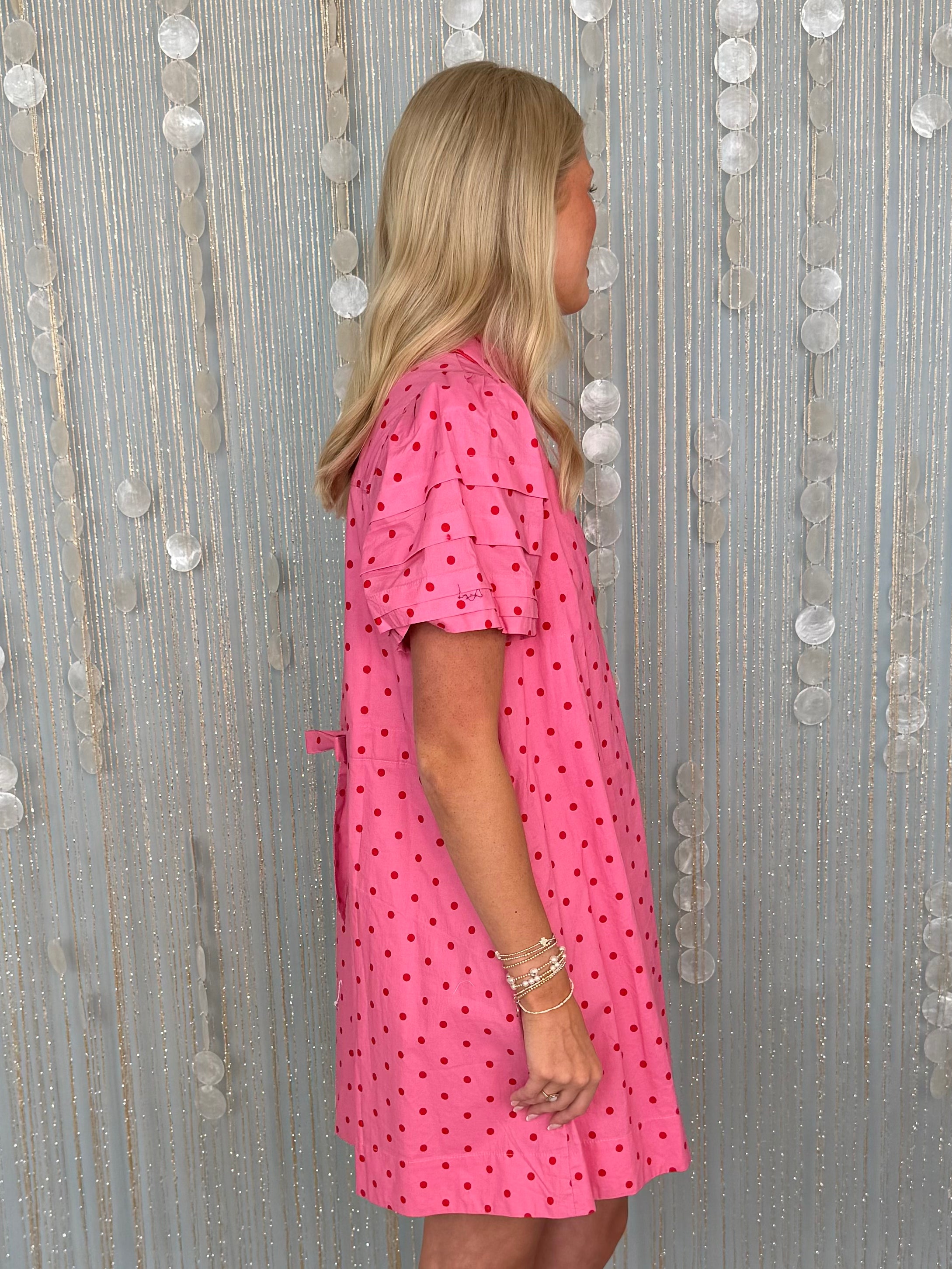 Ivory Tide Pink Polka Dot Puff Sleeve Dress-Shop-Womens-Boutique-Clothing